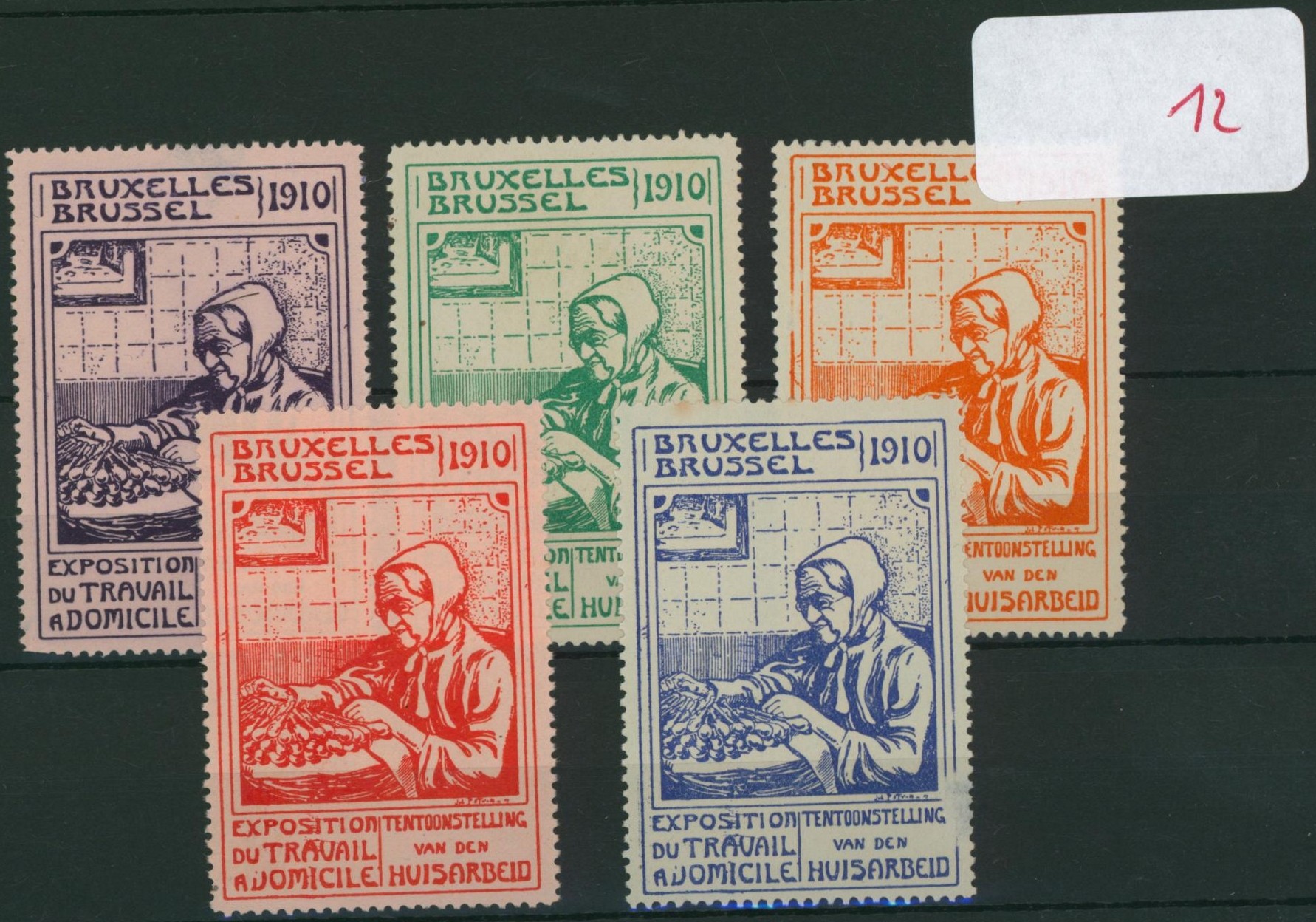 Erinnophilie - ensemble de 5 vignettes "Bruxelles 1910 Brussel" exposition du travail à domicile, huisarbeid.