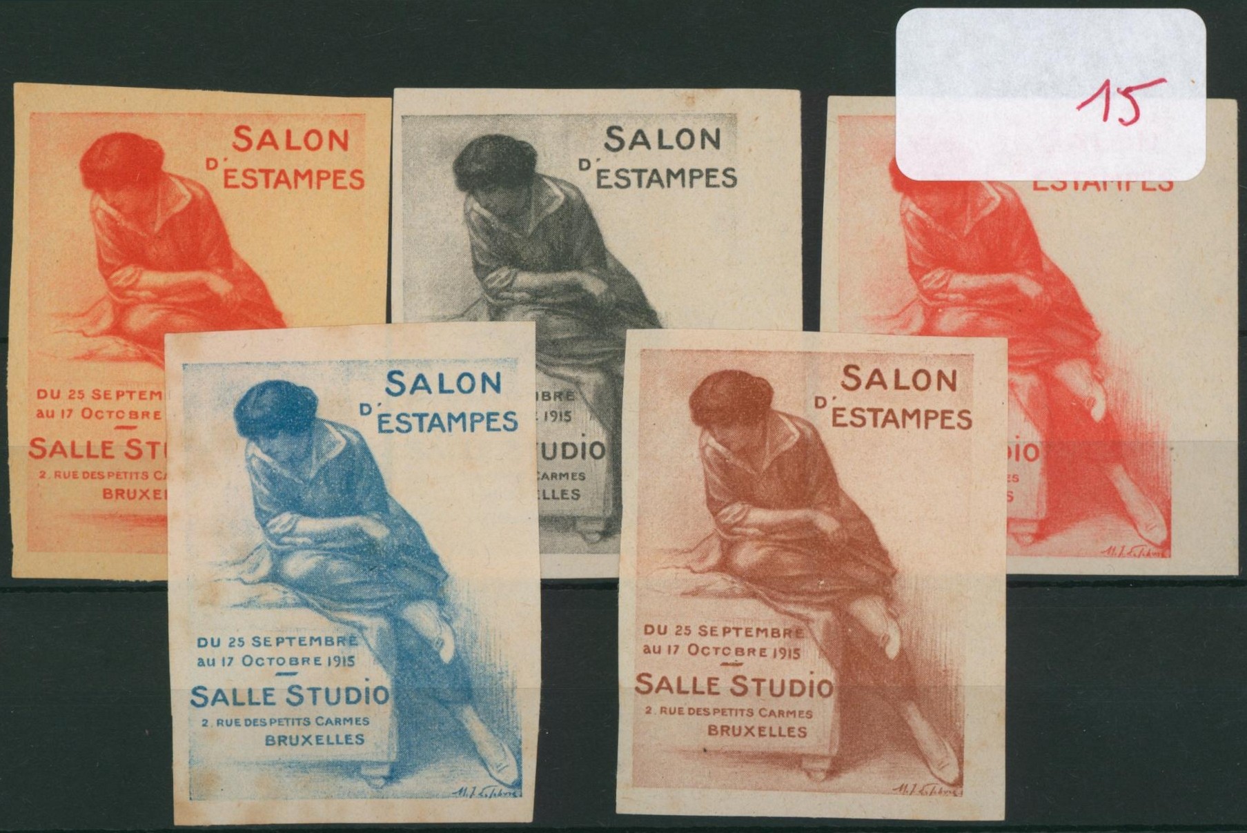 Erinnophilie - ensemble de 5 vignettes non dentelés SALON D ESTAMPES (bruxelles 1915)