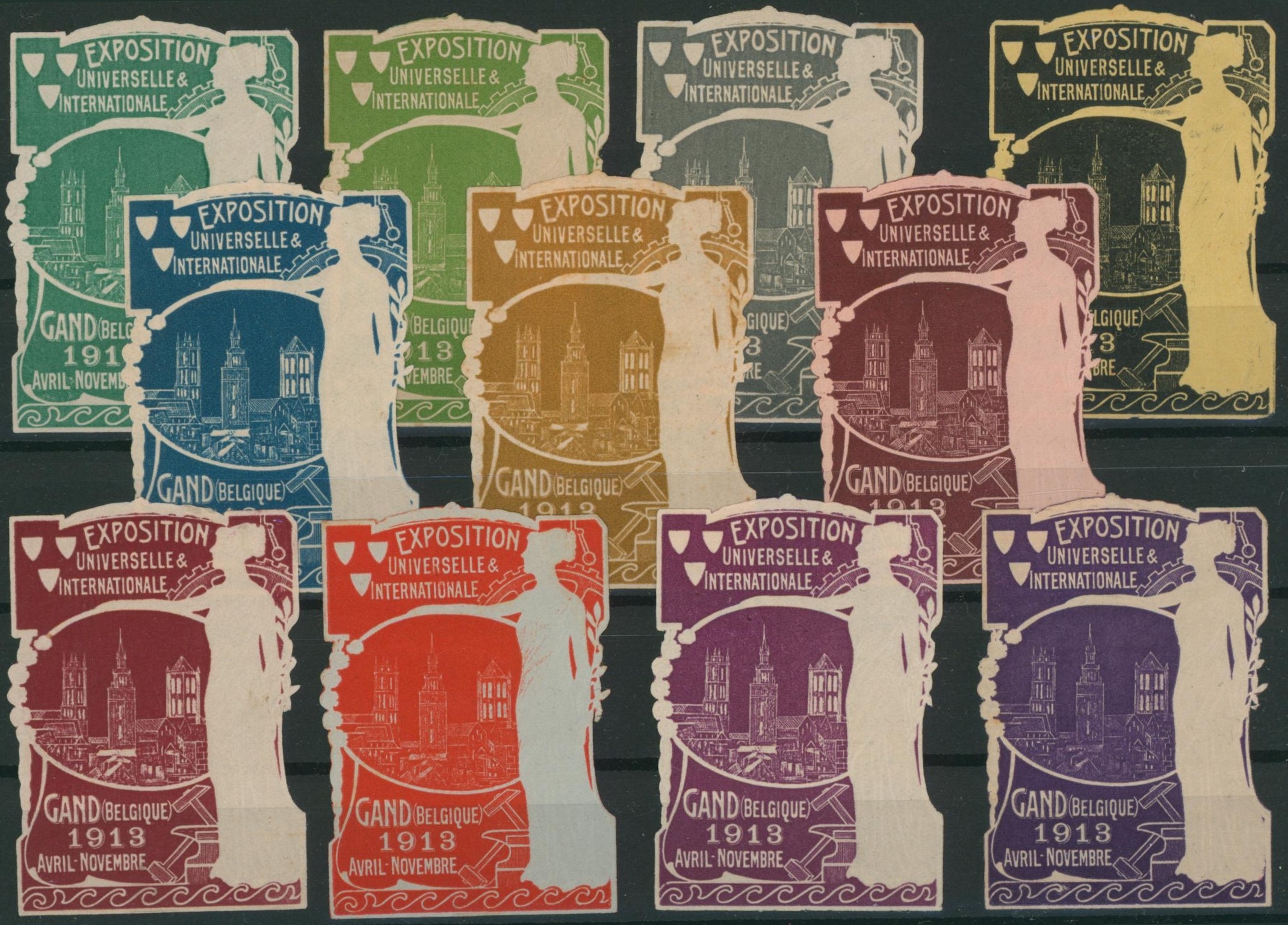 Erinnophilie - ensemble de 11 vignettes en relief exposition universelle & internationale de Gand 1913. Rare ! TB