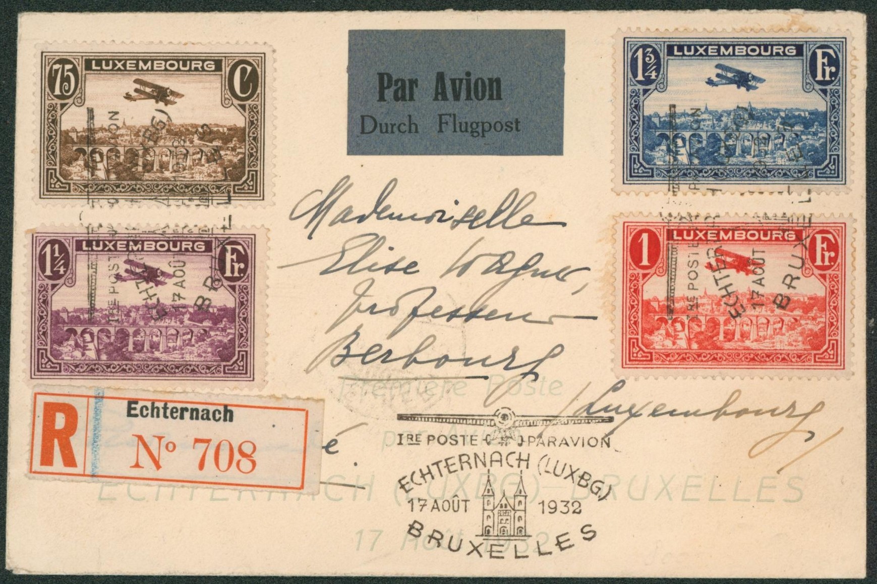 Luxembourg - PA2/PA5 sur lettre par avion en recommandé de Echternach (1er Poste par avion Echternach Bruxelles 1932) > Berhourf (Luxembourg)