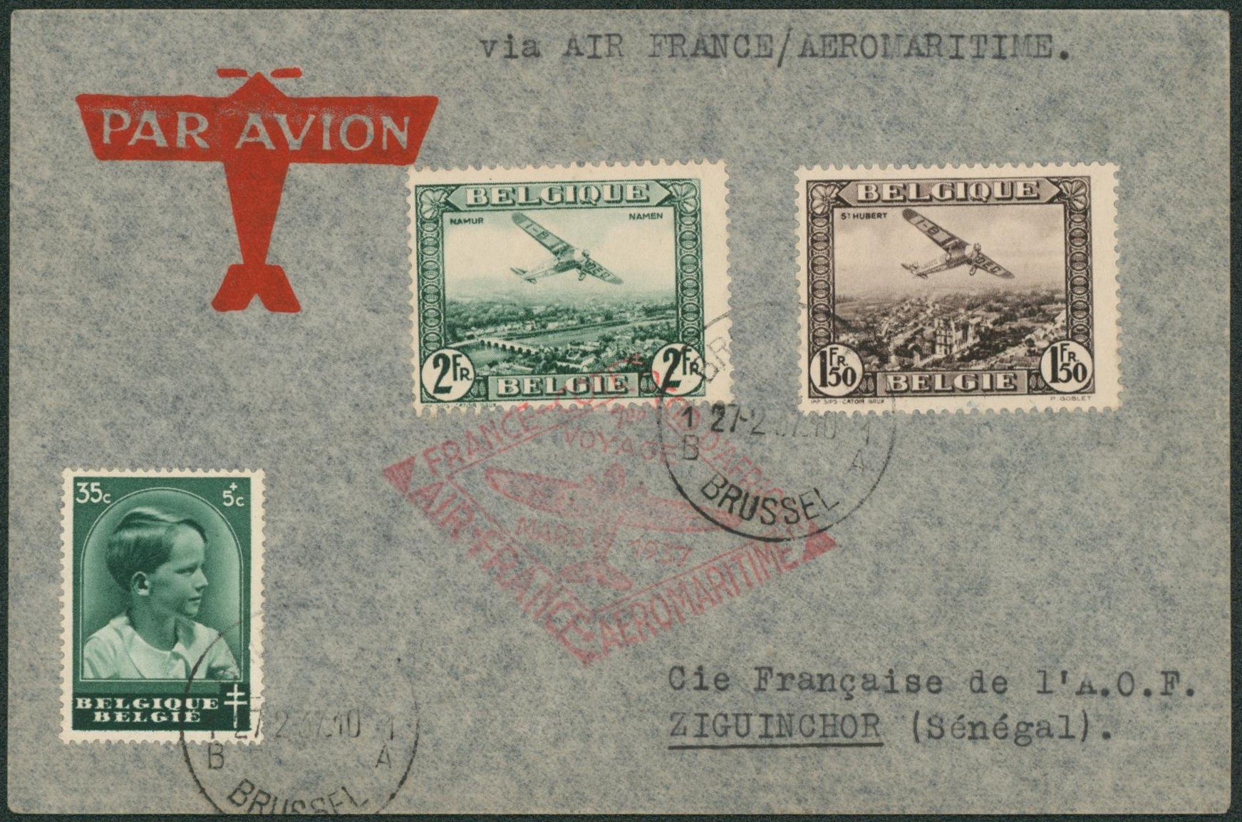 PA2/3 + n°440 sur lettre par avion de Bruxelles via air France > Ziguinchor (Sénégal)