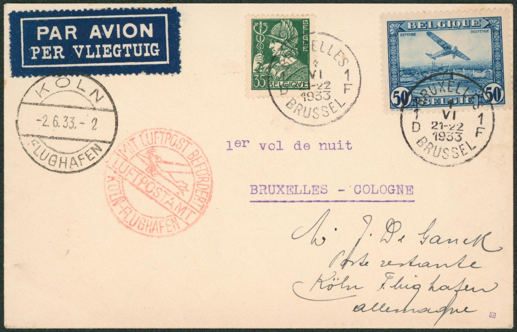 PA1 et n°340 sur lettre par avion de Bruxelles (1933) > Cologne, poste restante + cachet rouge "Mit luftpost befordert"