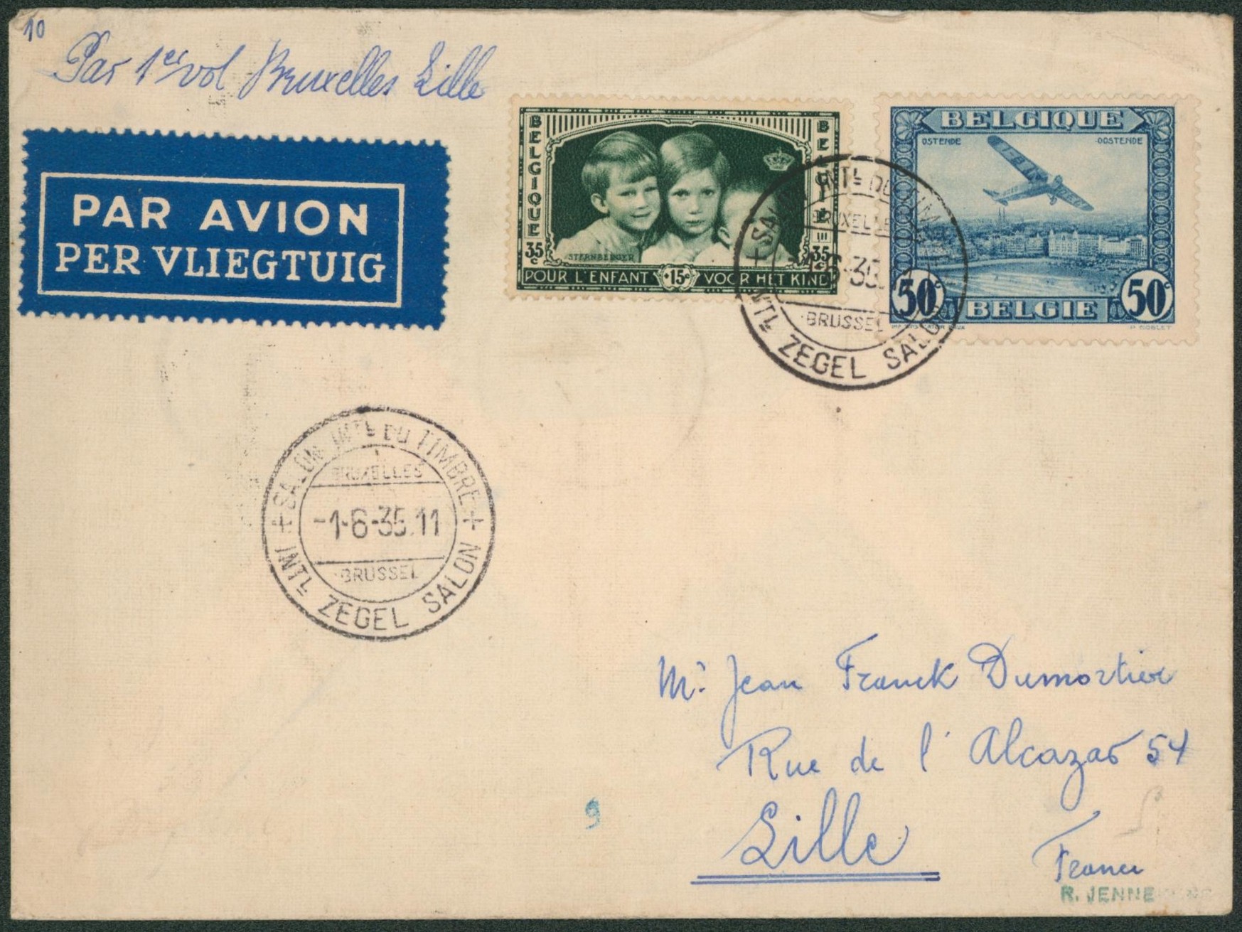 PA1 et n°404 sur lettre par avion "salon international du timbre / Int. Zegel salon" > Lille (France)