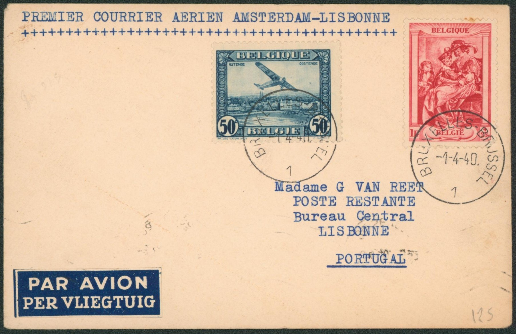 PA1 et n°507 sur lettre par avion "premier courrier aérien Amsterdam-Lisbonne", de Bruxelles > Bureau central Lisbonne (Portugal).