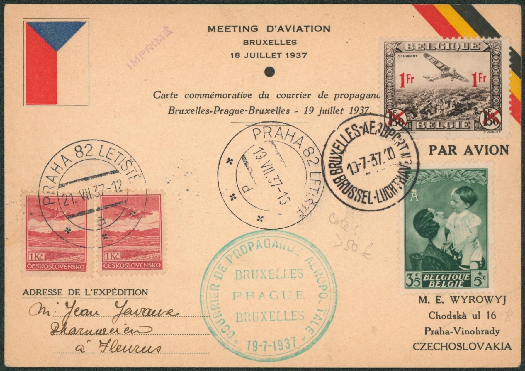 Affranch. Mixte sur imprimé carte commémorative du courrier de propagande MEETING D AVIATION (Bruxelles-Prague-Bruxelles, 1937)