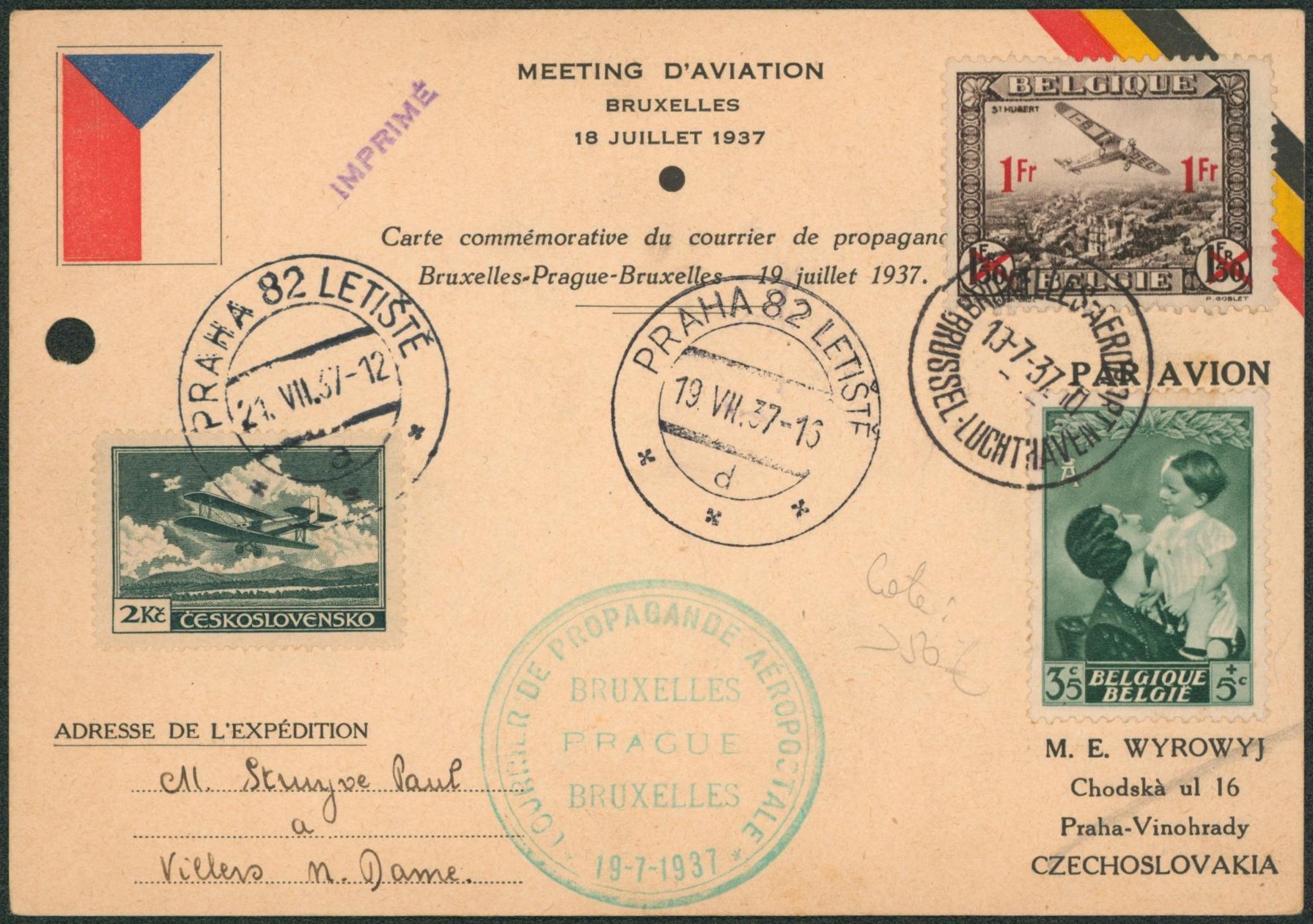 Affranch. Mixte sur imprimé carte commémorative du courrier de propagande MEETING D AVIATION (Bruxelles-Prague-Bruxelles, 1937)