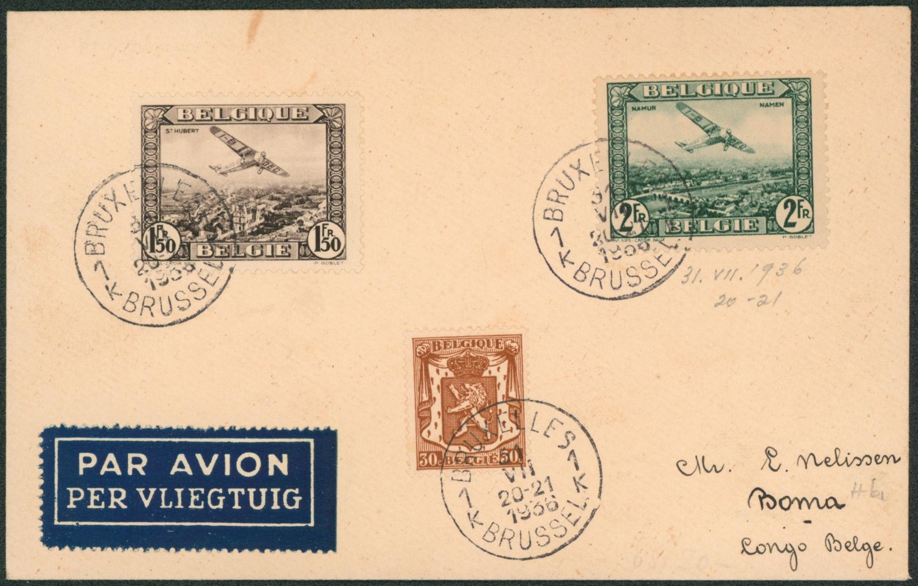 PA2/3 + n°424 sur lettre par avion de Bruxelles (1936) > Boma (Congo Belge)