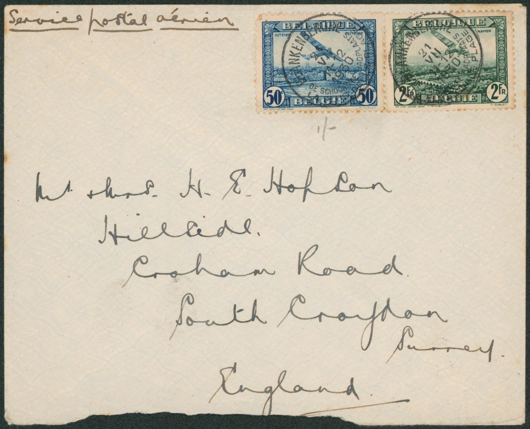 PA1 et PA3 sur lettre par avion de Blanckenberghe > Surrey (England, Angleterre) / Hotel d'hondt