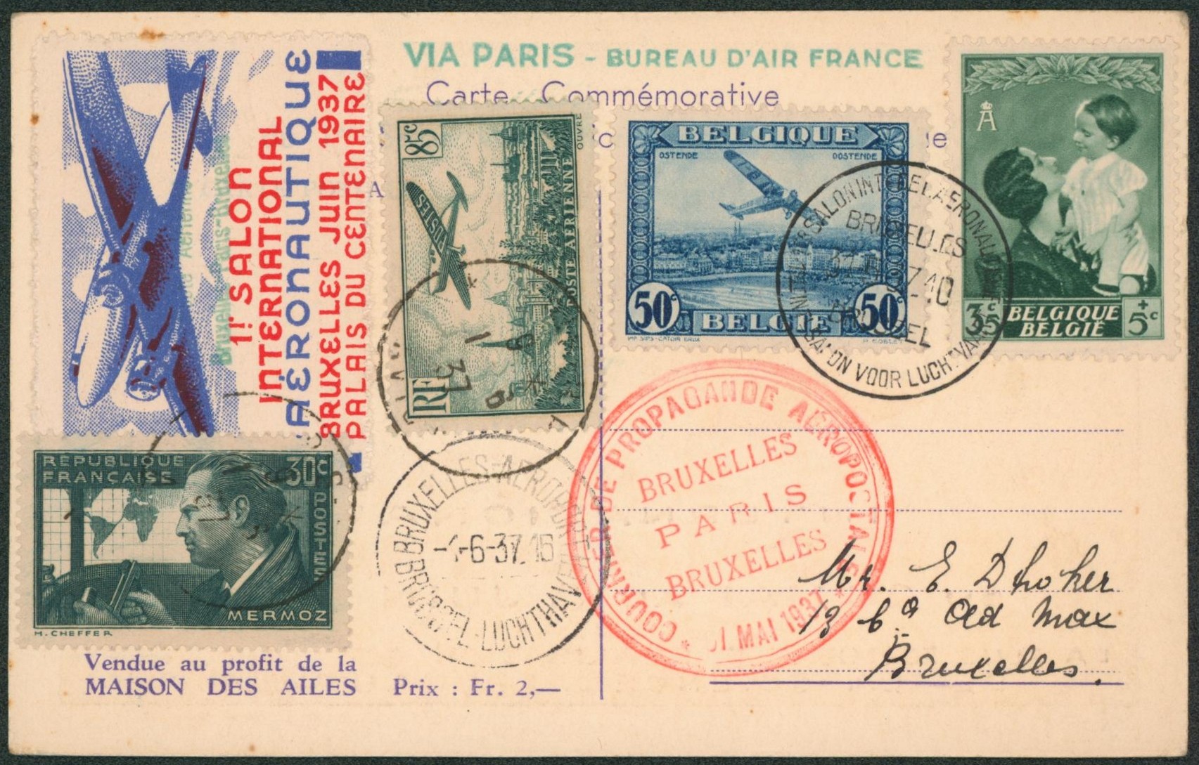 Affranch. Mixte sur carte postale de propagande aéronautique + vignette expédié du premier salon de l'aéronautique (1937) > Bruxelles
