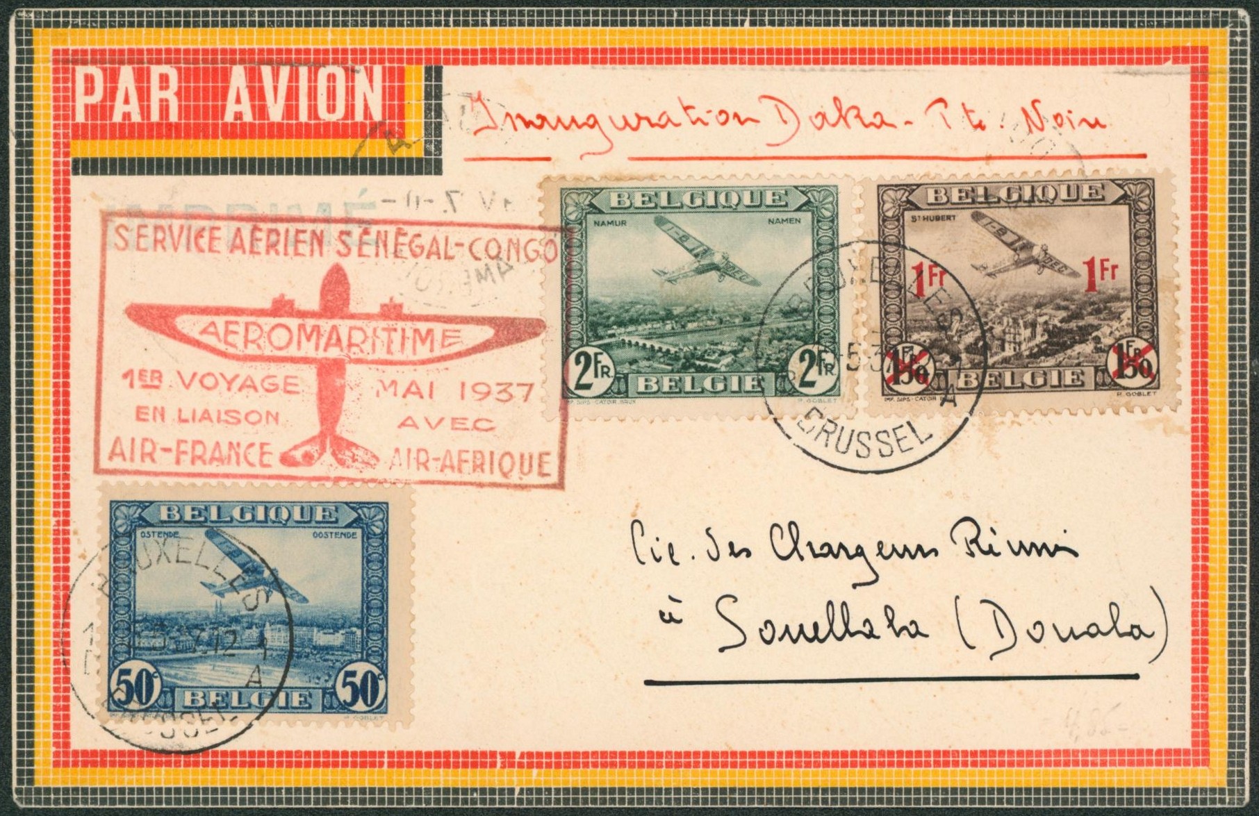 PA1, PA3, PA6 x2 et n°425 sur lettre par avion "Service aérien Sénégal-Congo" de Bruxelles > Souellaha (Douala, Cameroun)