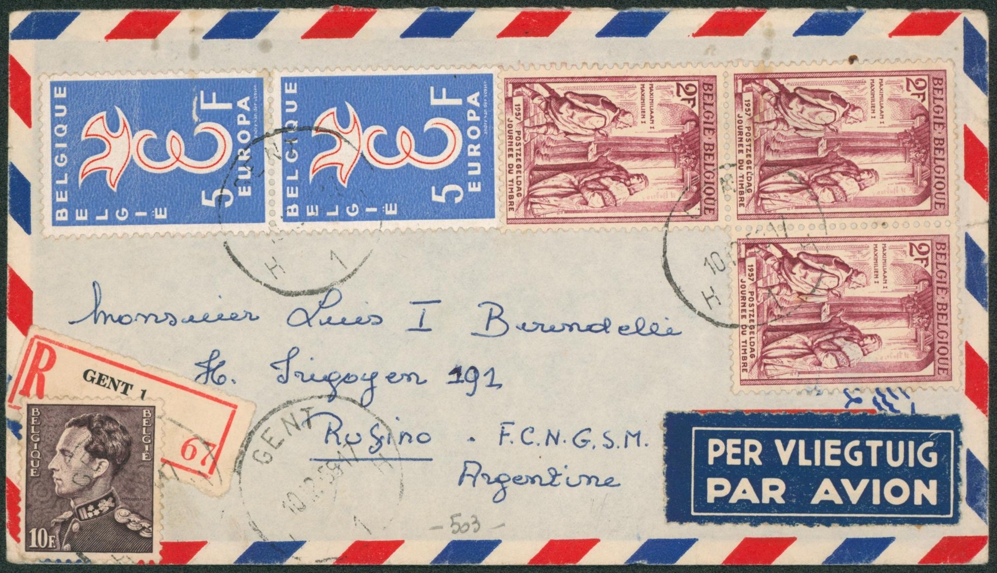 Affranch. Mixte (Poortman) sur lettre par avion en recommandé de Gent 1 > Rufino (Argentine)