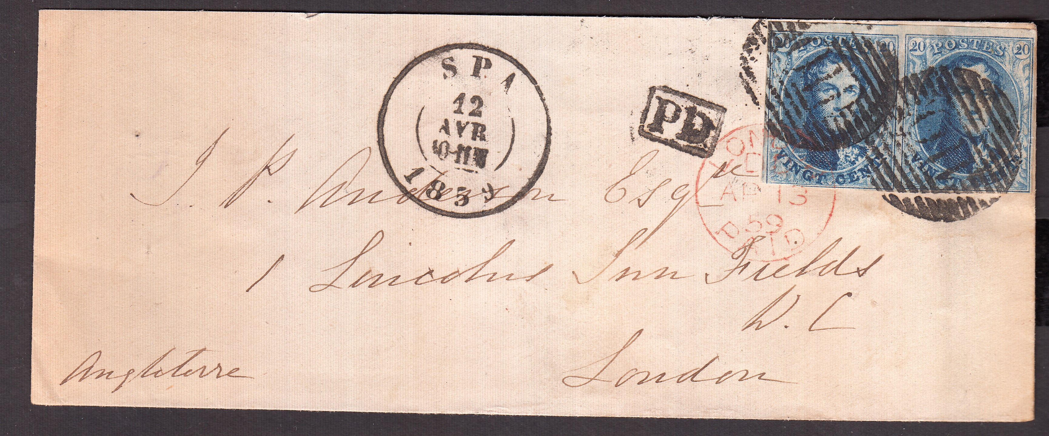 11A en paire ( 1 Tp au filet ) sur lettre de Spa ( P110 ) le 12 avr 1859 vers Londres. Càd au verso.