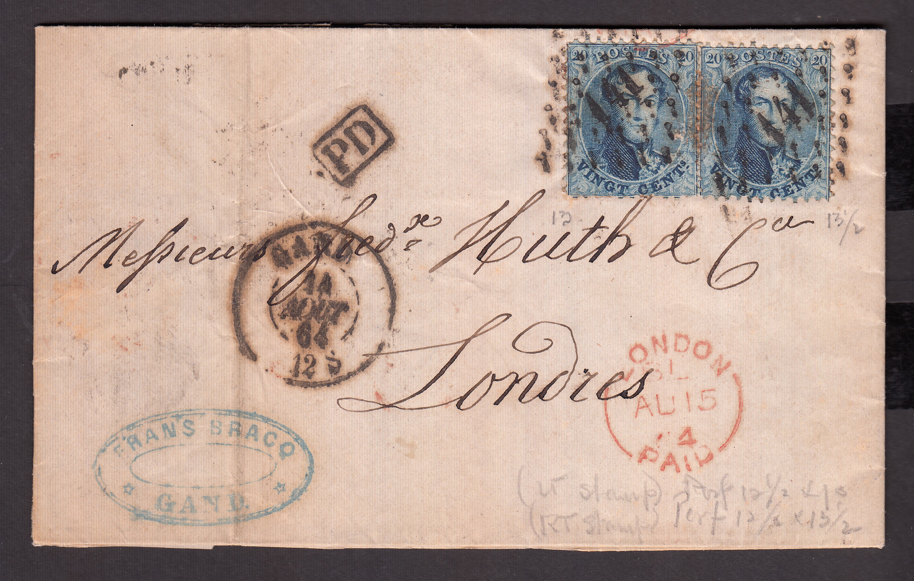 15x2 sur LAC de Gand le 14 août 1864 vers Londres. Cachet en rouge « London Paid » au recto. « Angleterre par Ostende » au verso.