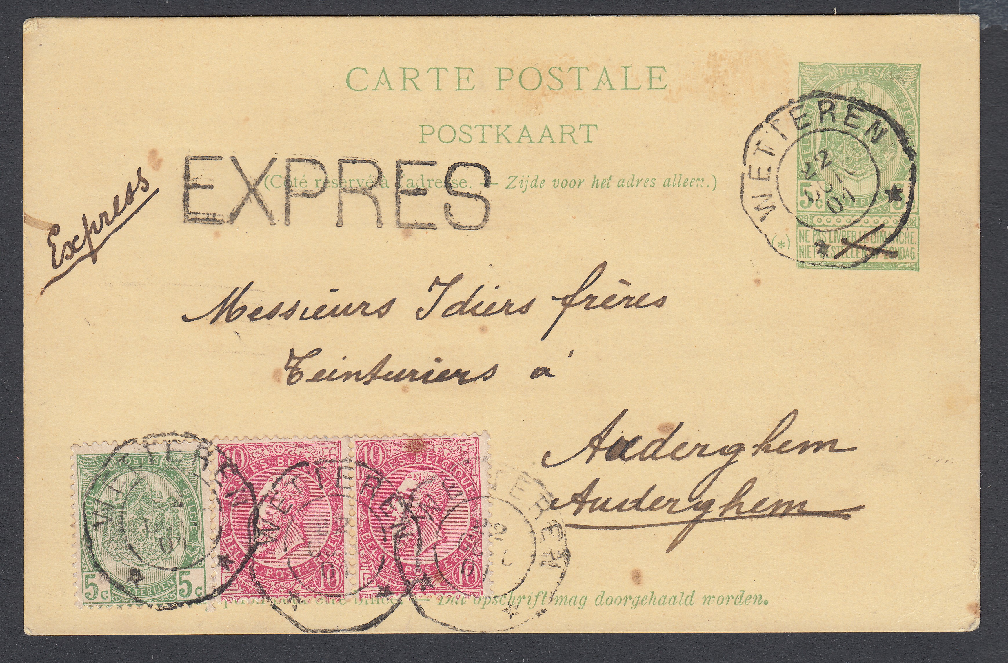 56 +58 en paire sur Ep5c type « Fine Barbe -Tp 56 » en exprès de Wettteren le 22 oct.1901 à destination d'Auderghem.