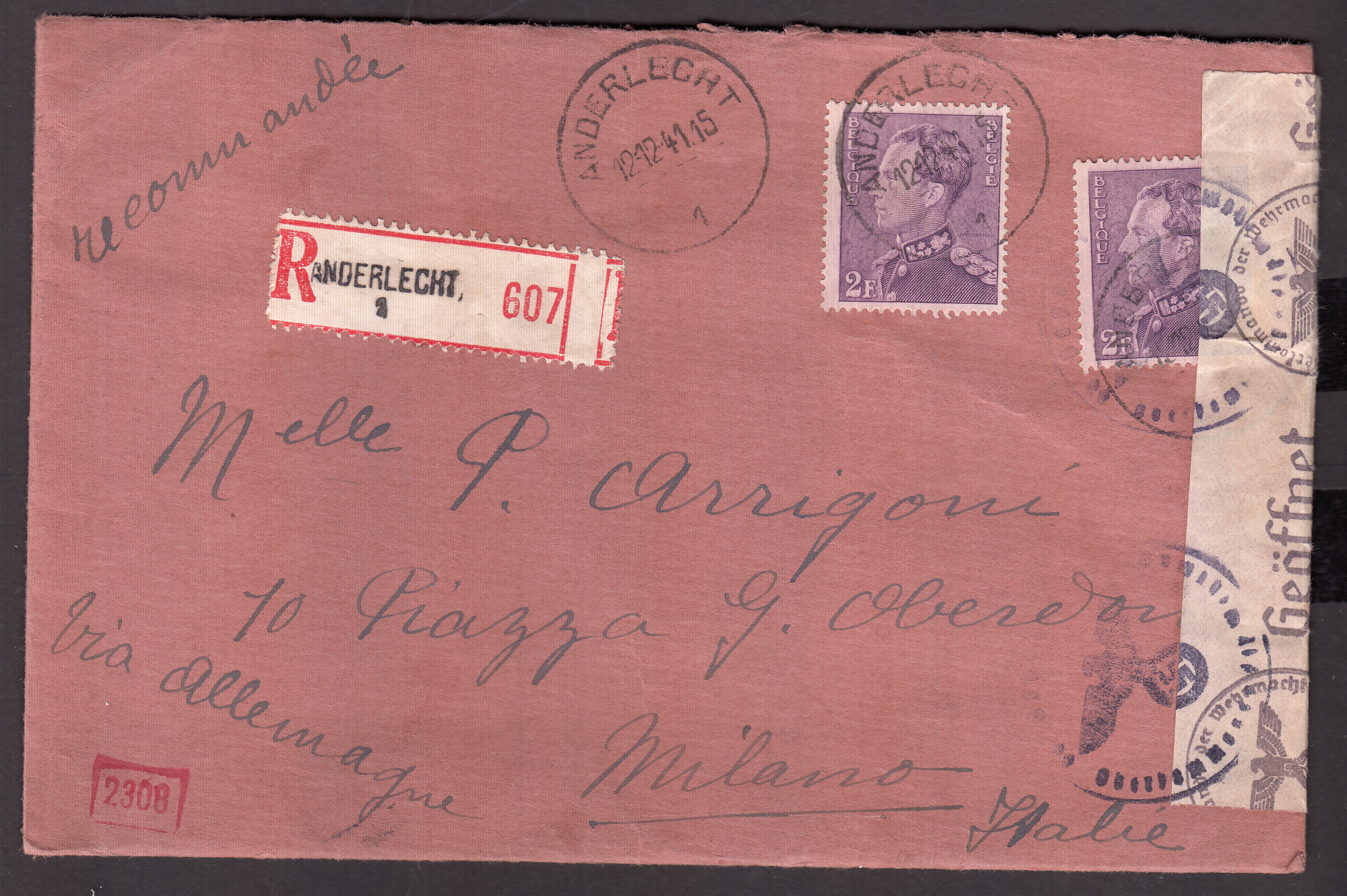 431x2 sur lettre avec contenu en recommandé d'Anderlecht le 12.12.1941 vers Milan. Bande et cachet de censure allemande. Càd au verso.