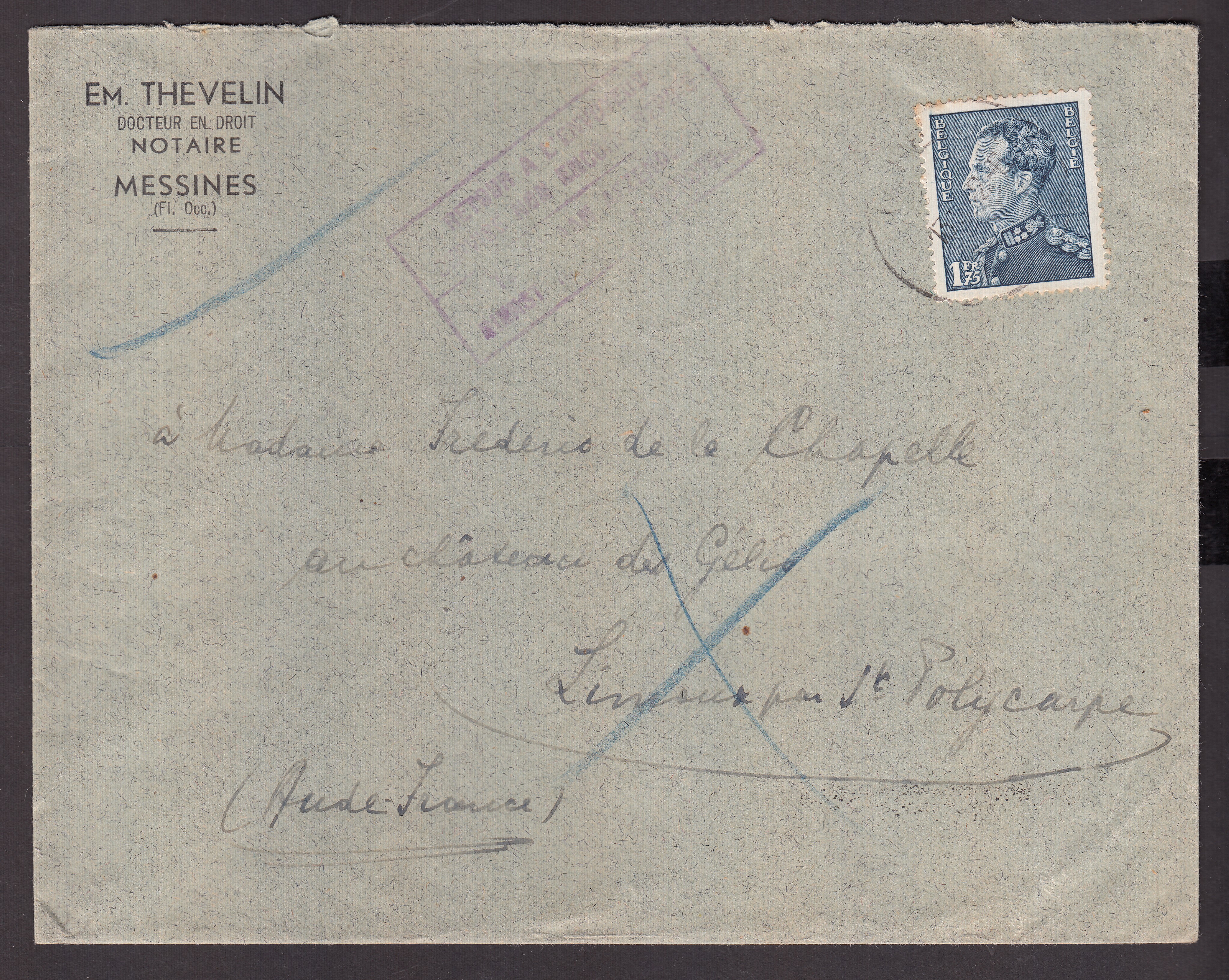 430 sur lettre à entête « Notaire à Messines » vers la France. Cachet rectangulaire bilingue « Retour à l'envoyeur /Service non encore repris » au recto. Explicatif joint.