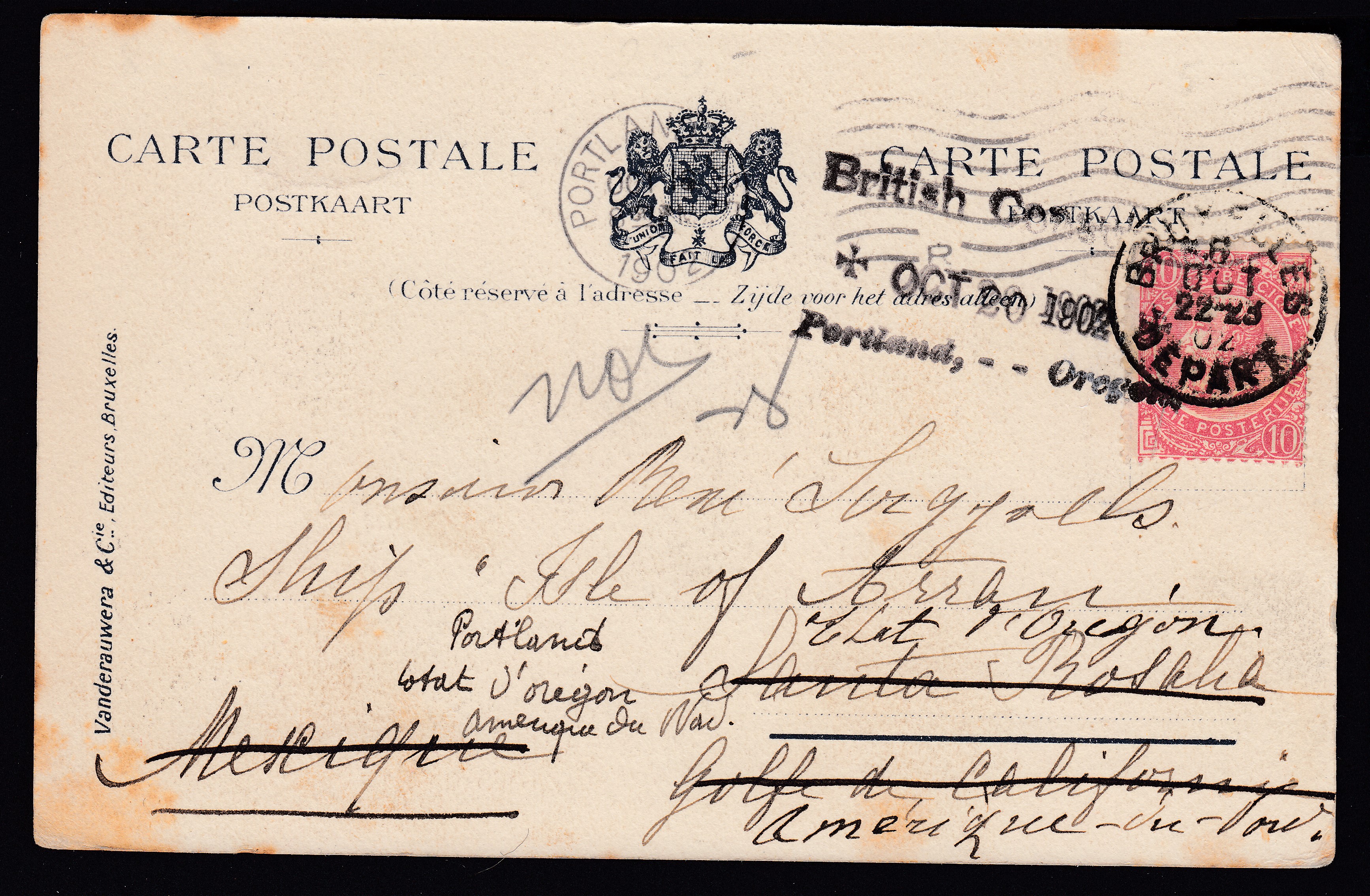 58 sur Cp de Bxl le 6 août 1902 vers un Off.à bord du « Isle of Arran » au Mexique. Suivi vers Portland ( Griffe du consulat britannique ). Explicatif joint.