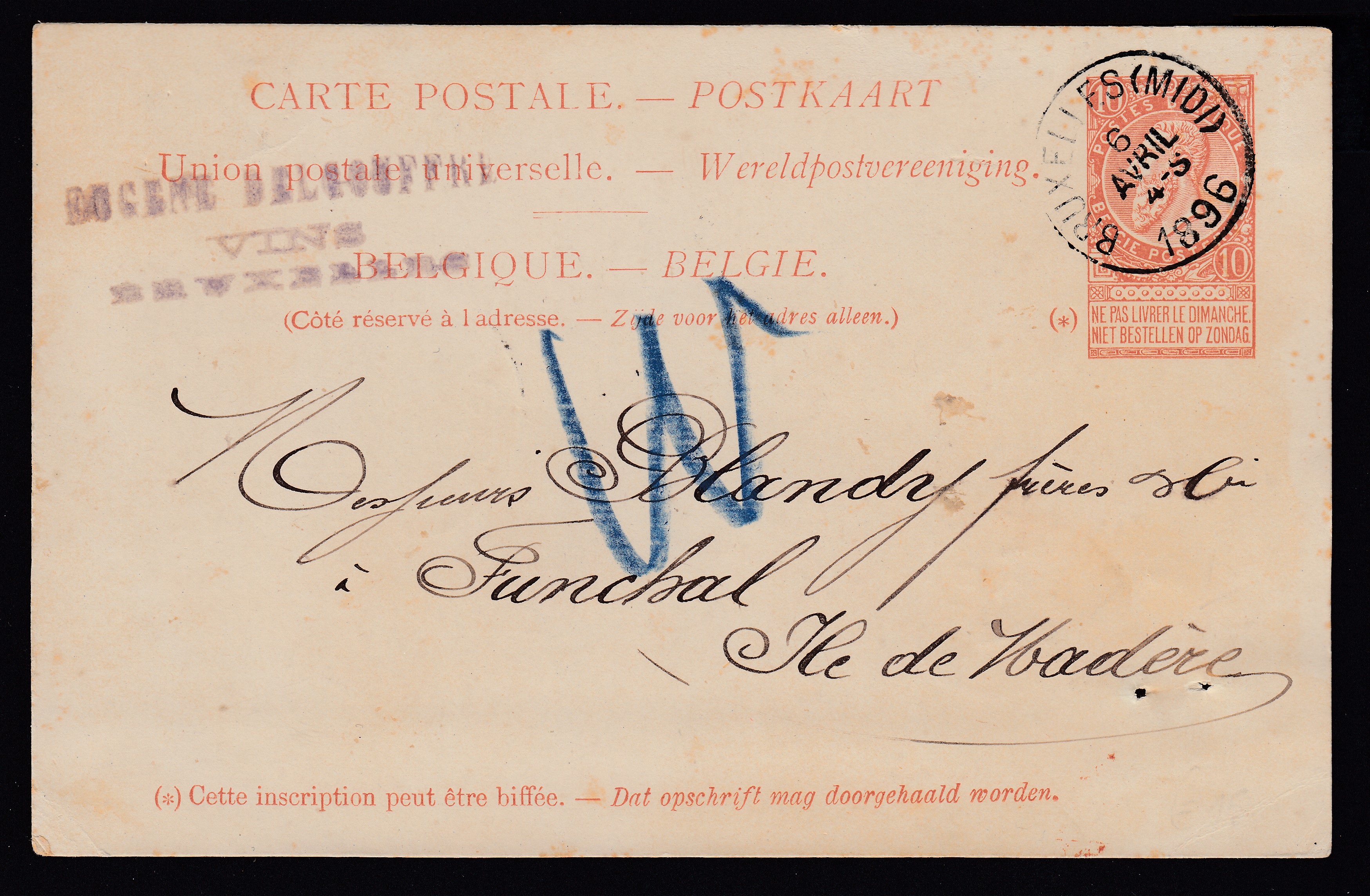 Ep10c type « Fine Barbe -Tp 57 » de BXL (Midi) le 6 avril 1896 vers Madère. Cachets de passage à Londres et d'arrivée au verso.