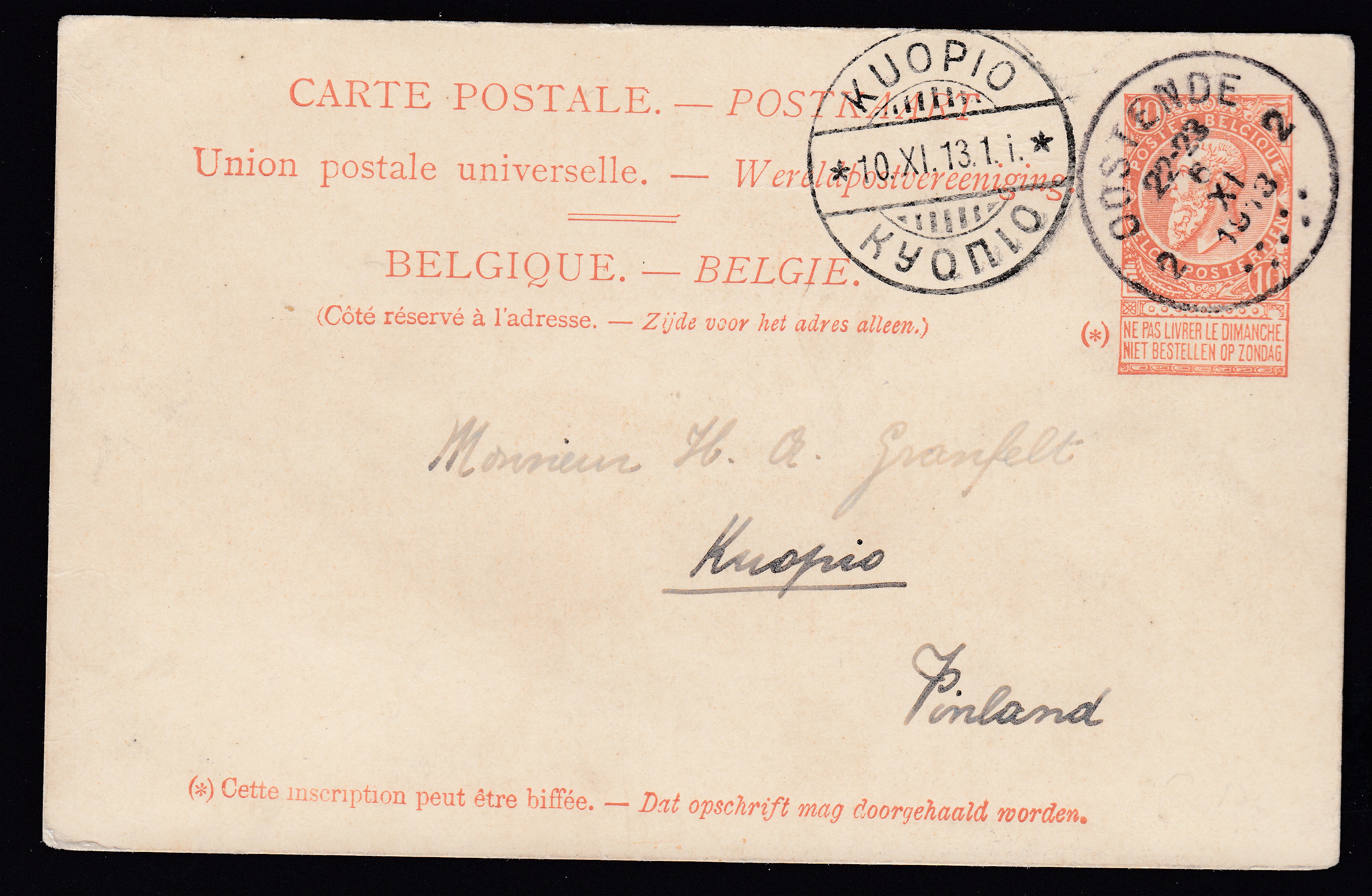 Ep10c type « Fine Barbe -Tp 57 » illustré au verso « Paquebot Marie Henriette», d'Ostende le 6.XI.1913 vers Kuopis en Finlande. Càd au recto.