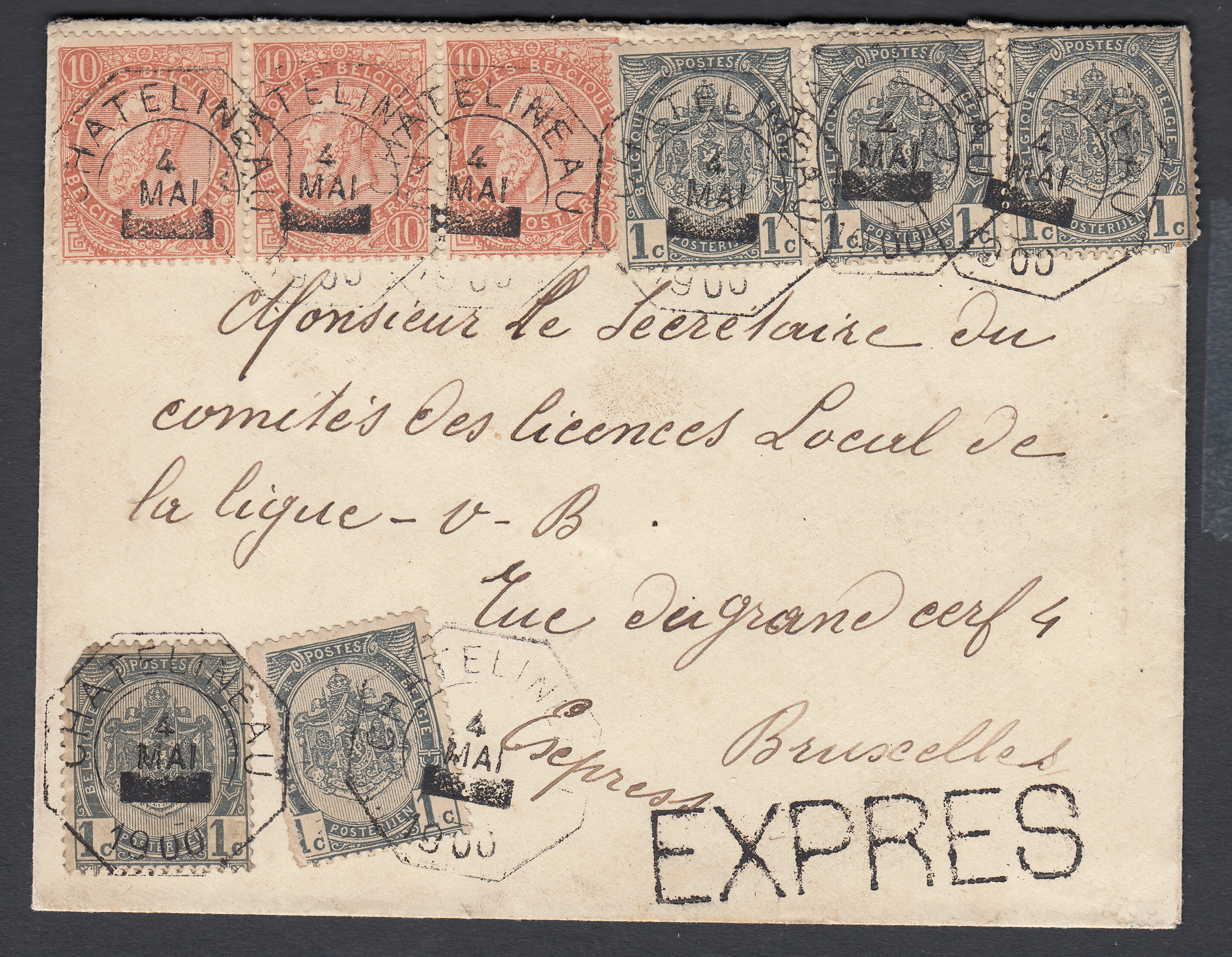 53 x5 +57 en bande de 3 sur lettre en exprès de Chatelineau le 4 mai 1900 vers BXL. Càd au verso.