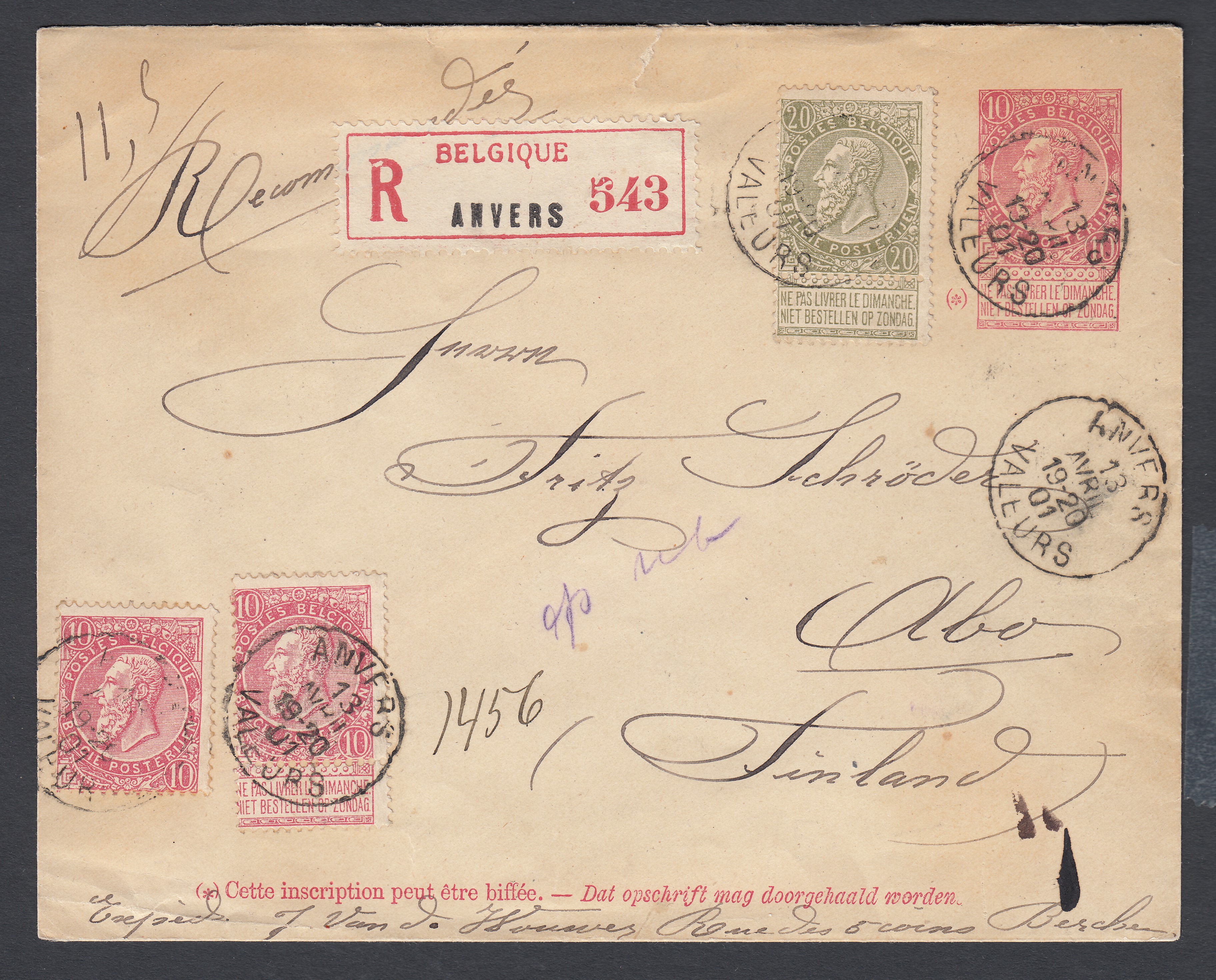 58x2 +59 sur Ep10c type « Fine Barbe -Tp 58 » en recommandé d'Anvers ( Anvers /Valeurs) le 13 avr.1901 vers Abo, Finlande. Càd au verso.