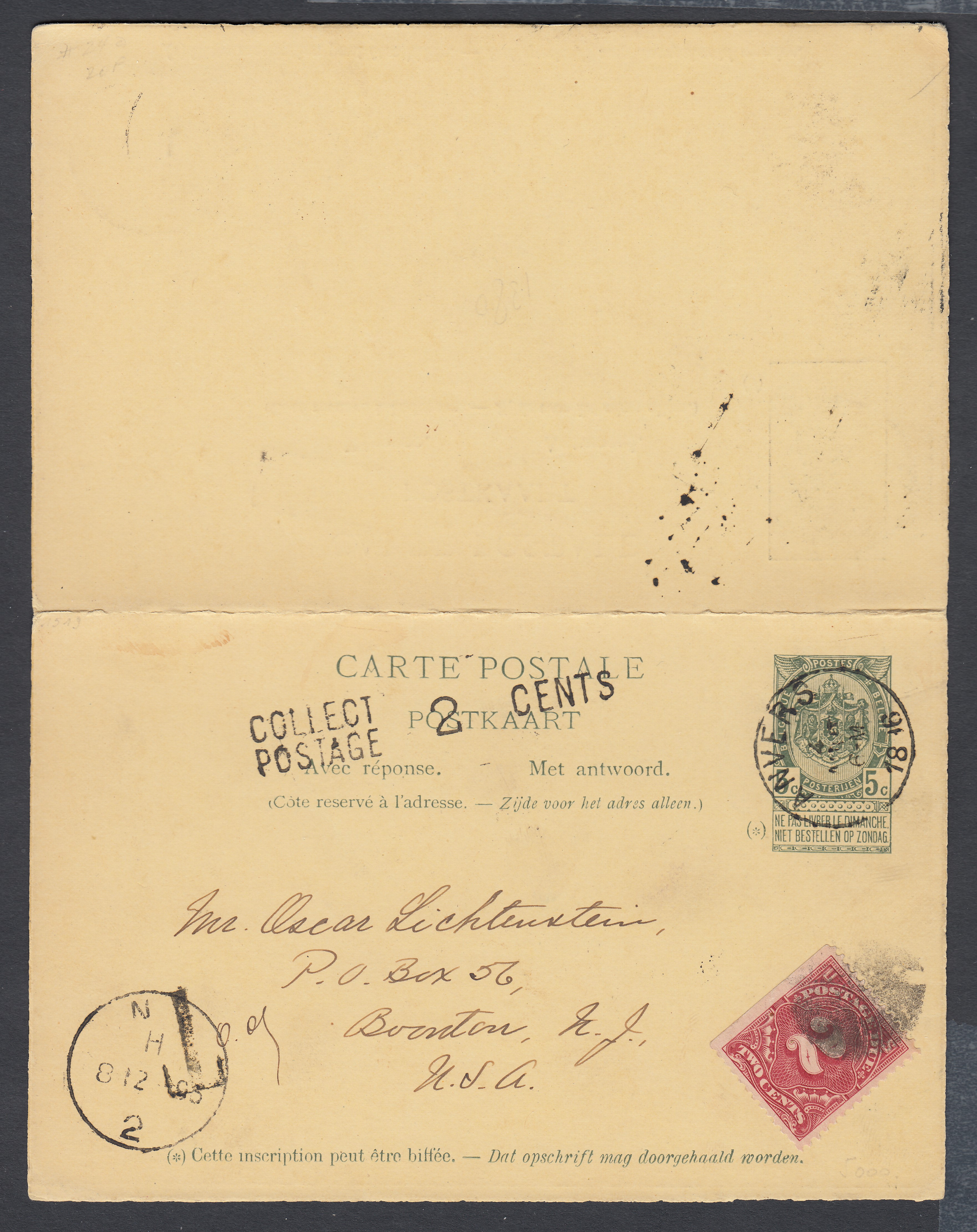 Ep5c type « Fine Barbe -Tp 56 » d'Anvers le 4.dec.1896 vers Boston, USA. Taxée 2c à l'arrivée par Tp Tx Us +griffe « COLLECT /POSTAGE / 2 CENTS ». Càd au recto.