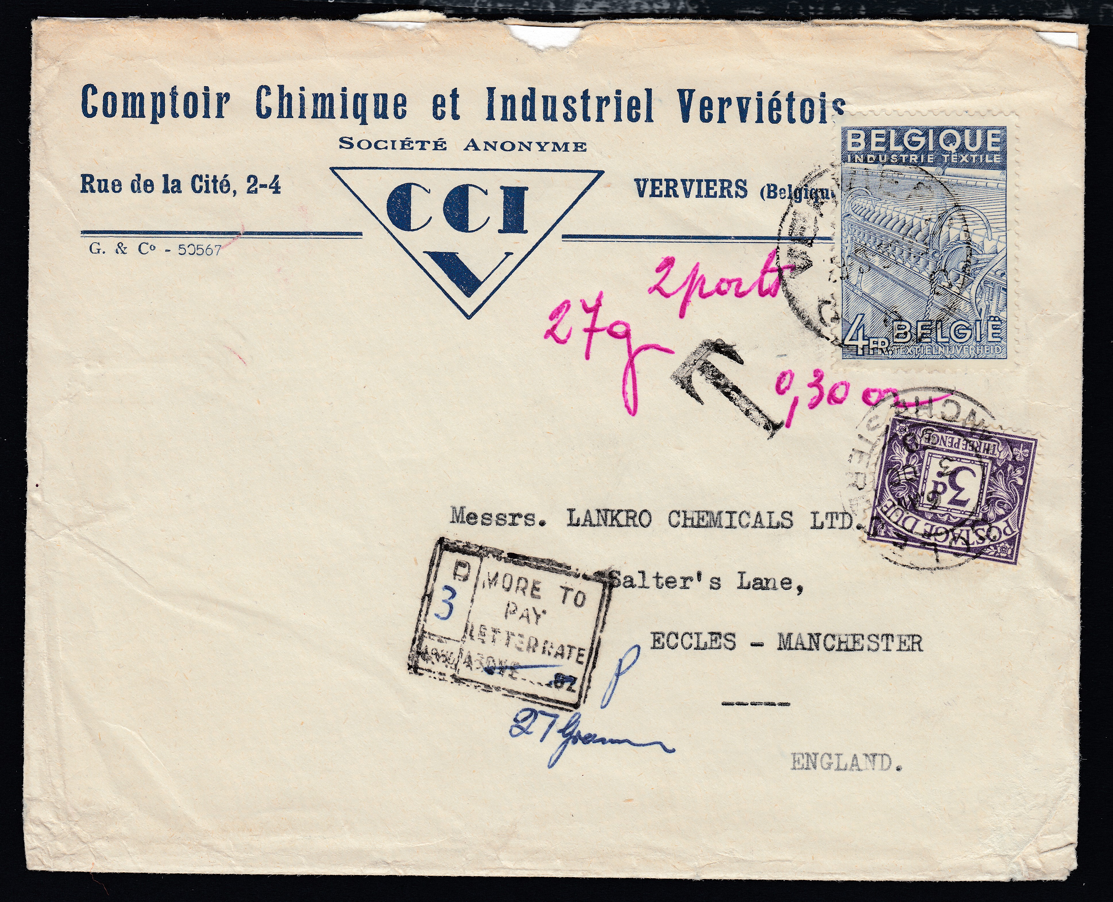 771 sur lettre à entête « Comptoir Chimique... » de Verviers vers Manchester. Taxée 3d à l'arrivée par Tx +griffe « MORE TO PAY.. ».