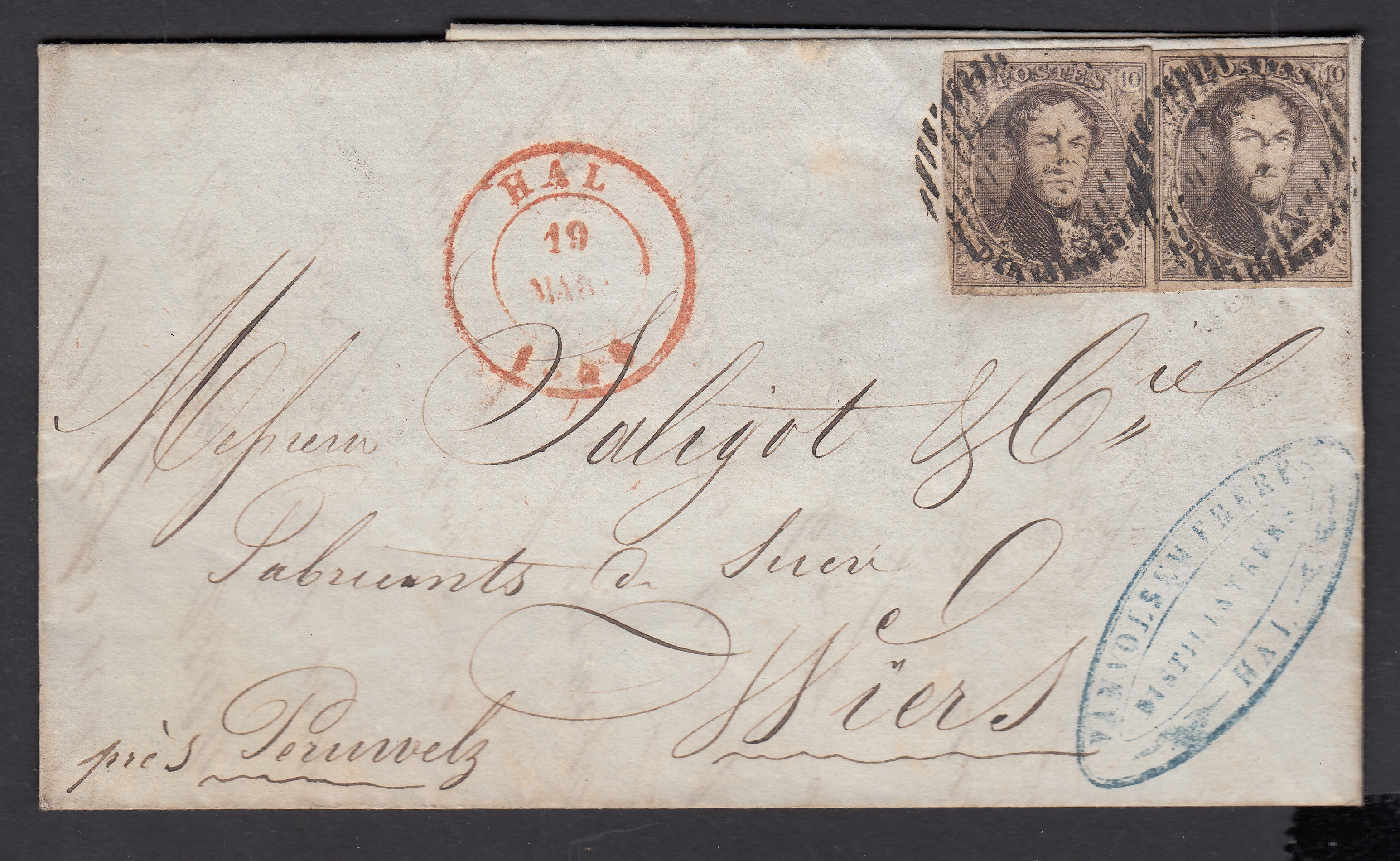 6 x2 ( un margé et un « au filet ») sur LAC de Hal ( P53 ) le 19 mars 1854 ( Obl.D.C. »HAL ») vers Wiers. Càd à Peruwelz au verso.