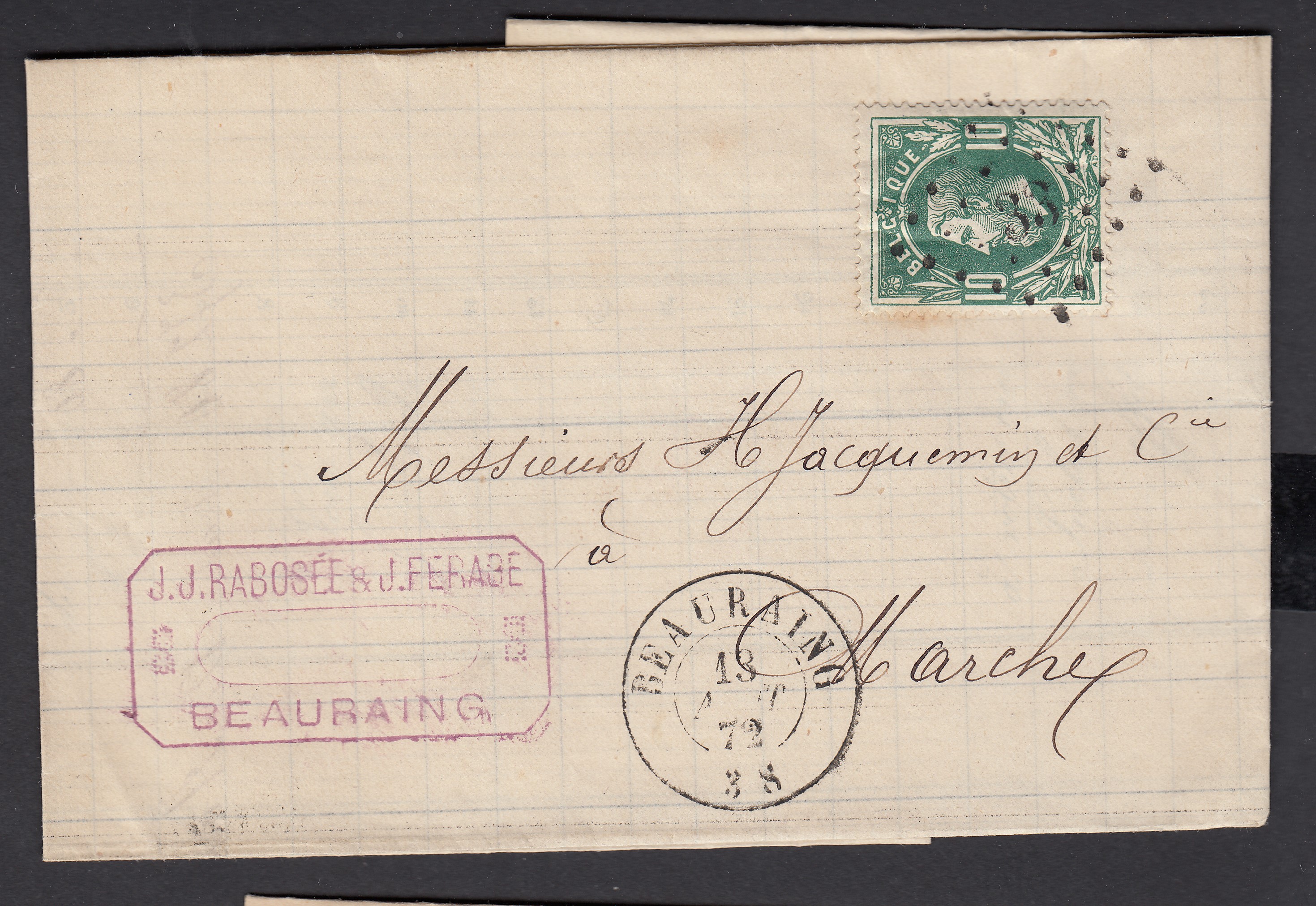 30 sur LAC de Beauraing ( Lp33) le 18 août 1872 vers Marche. Càd au verso.