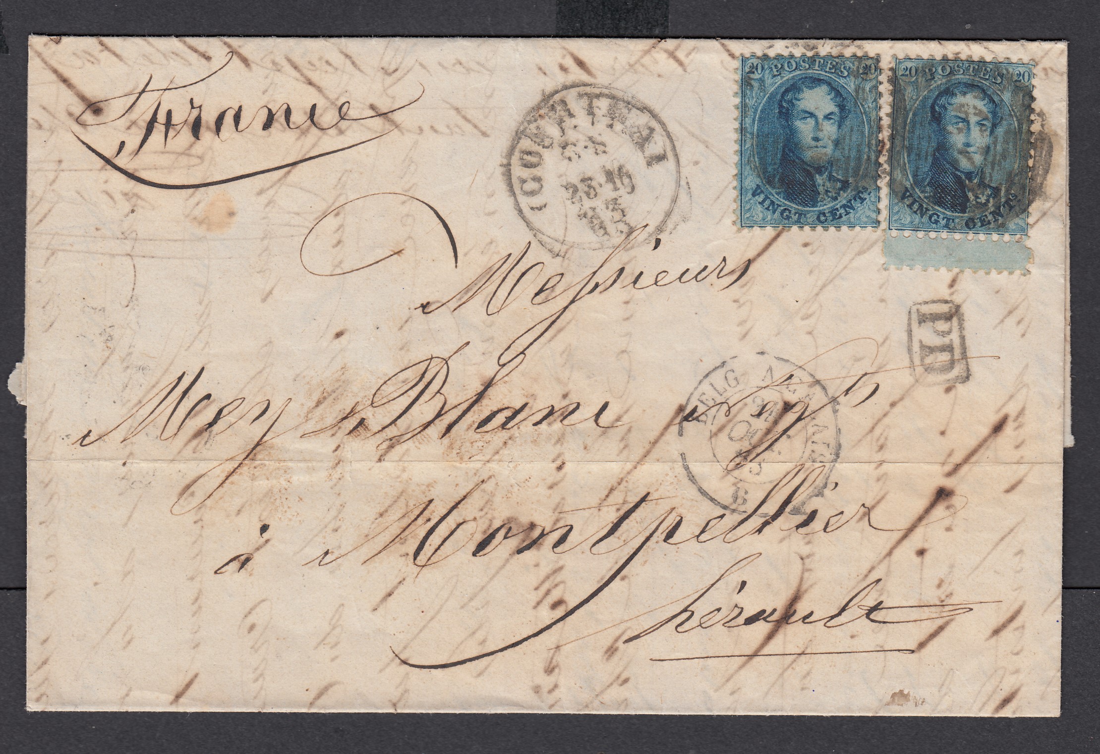 20c « médaillon dentelé » x2 dont un avec interpanneau sur LAC de Courtrai le 25 oct 1863 vers Montpellier. Cachets « France par Mouscron » + Paris + d'arrivée au verso.