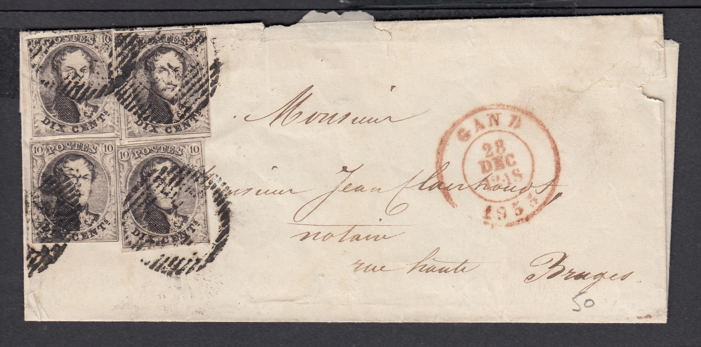 6x4 ( 3 margés et un au filet) sur LSC de Gand le 28 déc.1853 vers Bruges. Càd au verso.