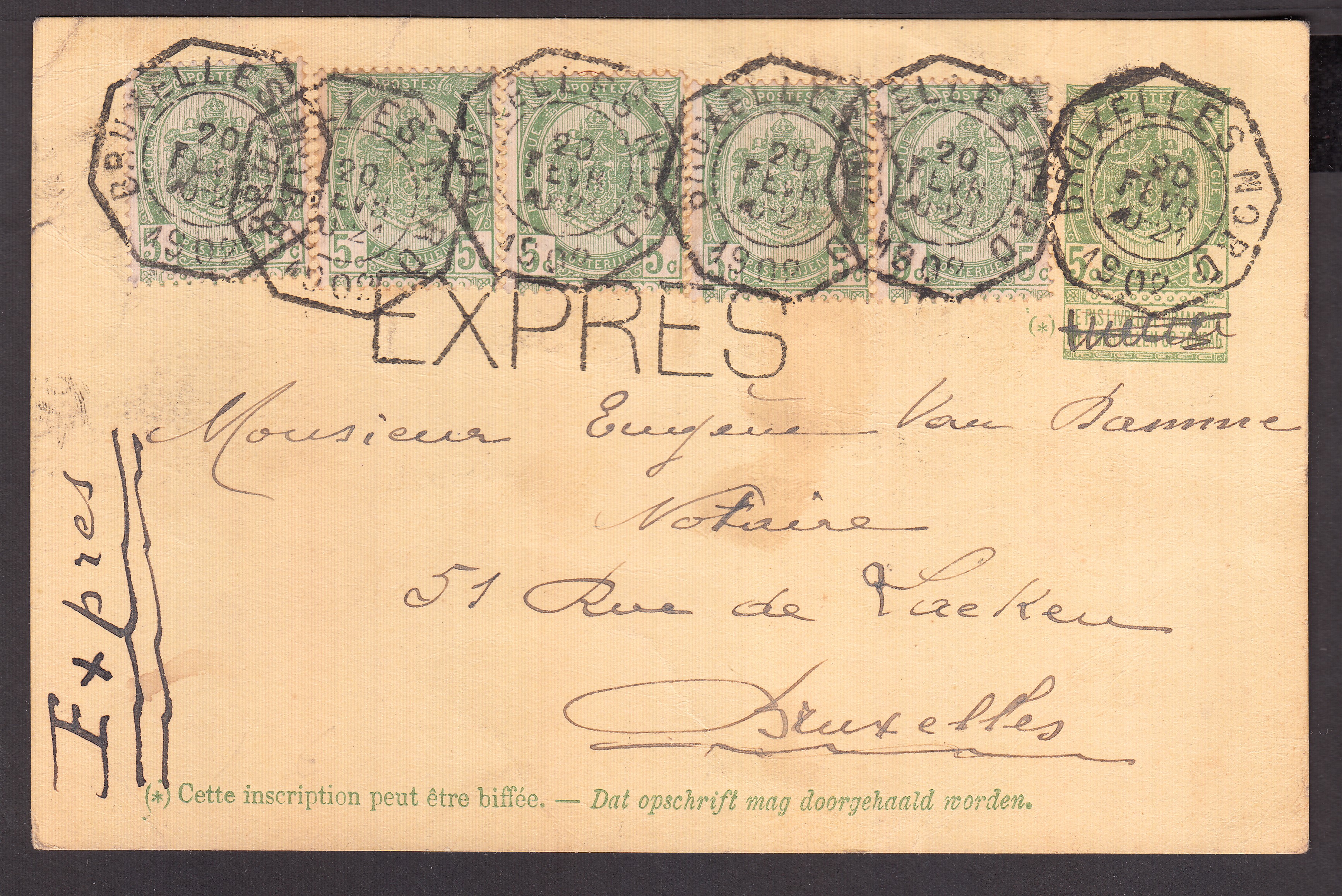 56x5 sur Ep5c type « Fine Barbe -Tp 56 » en exprès de BXL (Nord) le 20 fevr.1902 vers BXL.