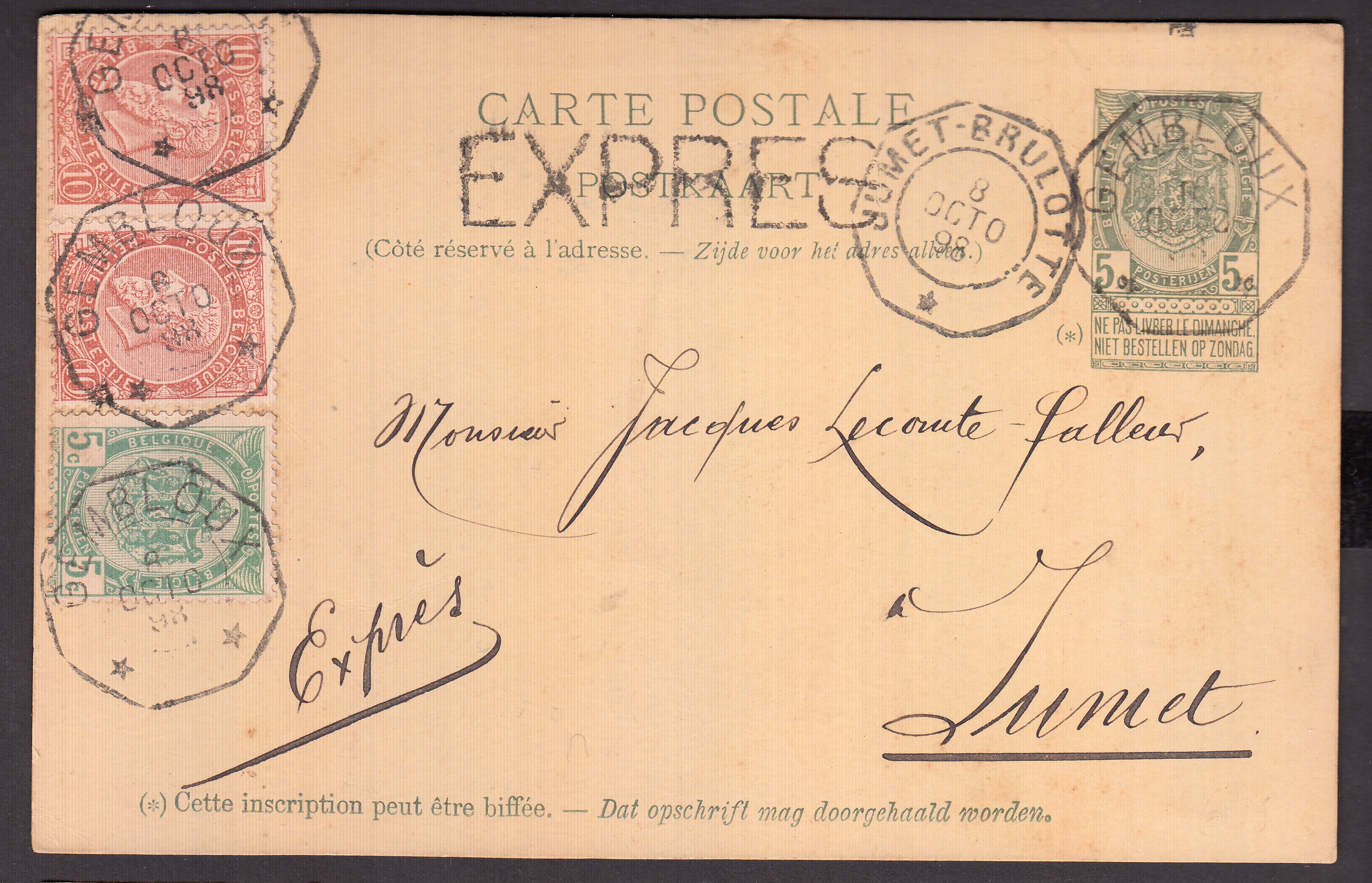 56 +57x2 sur Ep5c type « Fine Barbe -Tp 56 » en exprès de Gembloux le 8 octo 1898 vers Jumet. Càd « Jumet-Brulotte » au recto.