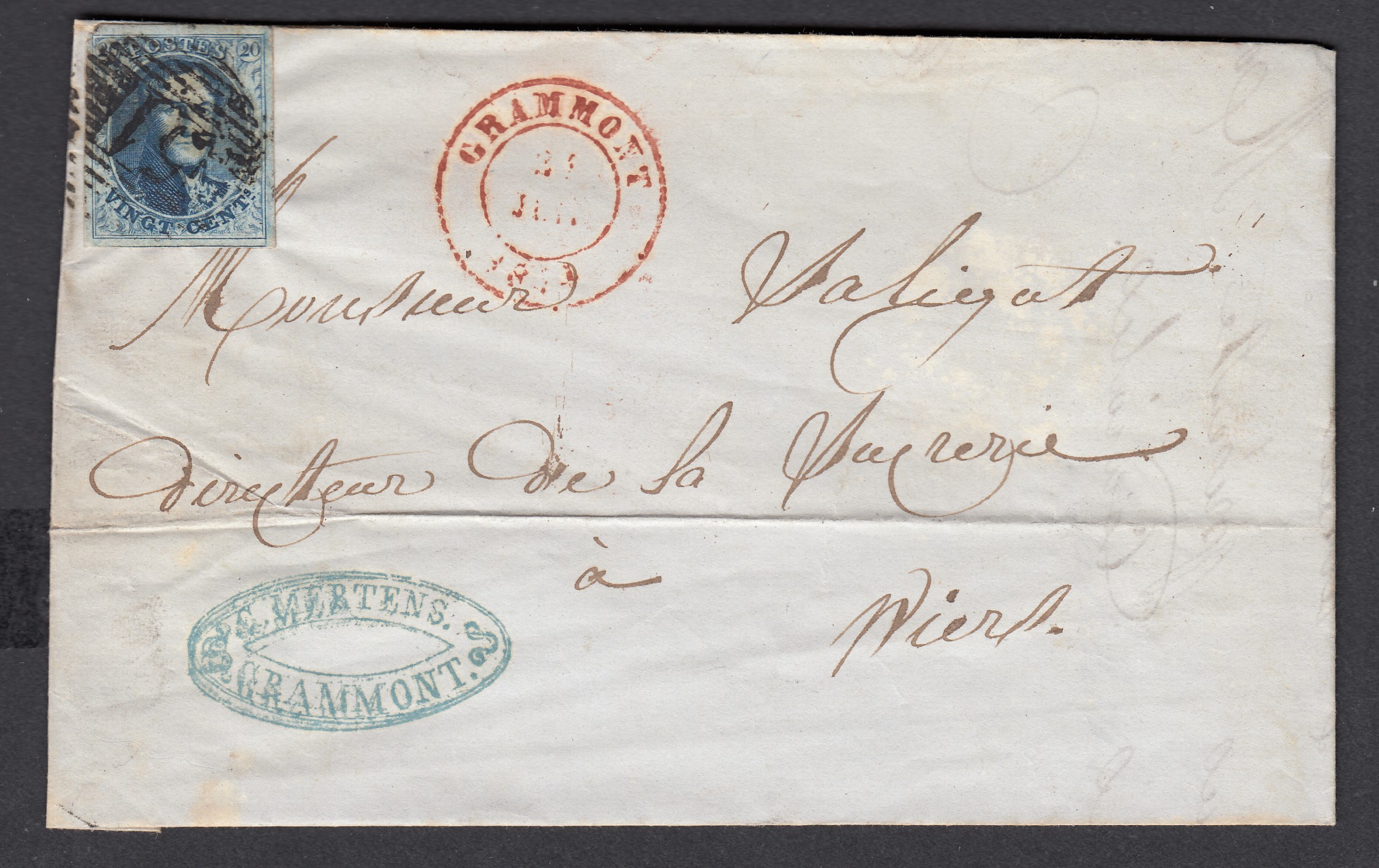 7 margé sur LAC datée du 21 juillet 1854 , de Grammont ( P51 ) vers Wiers. Càd à Peruwelz au verso.