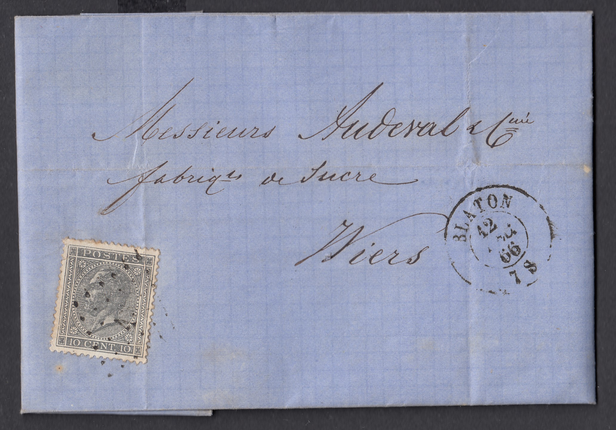 17 sur LAC de Blaton ( Lp43) le 12 août 1866 vers Wiers. Càd à Peruwelz au verso.
