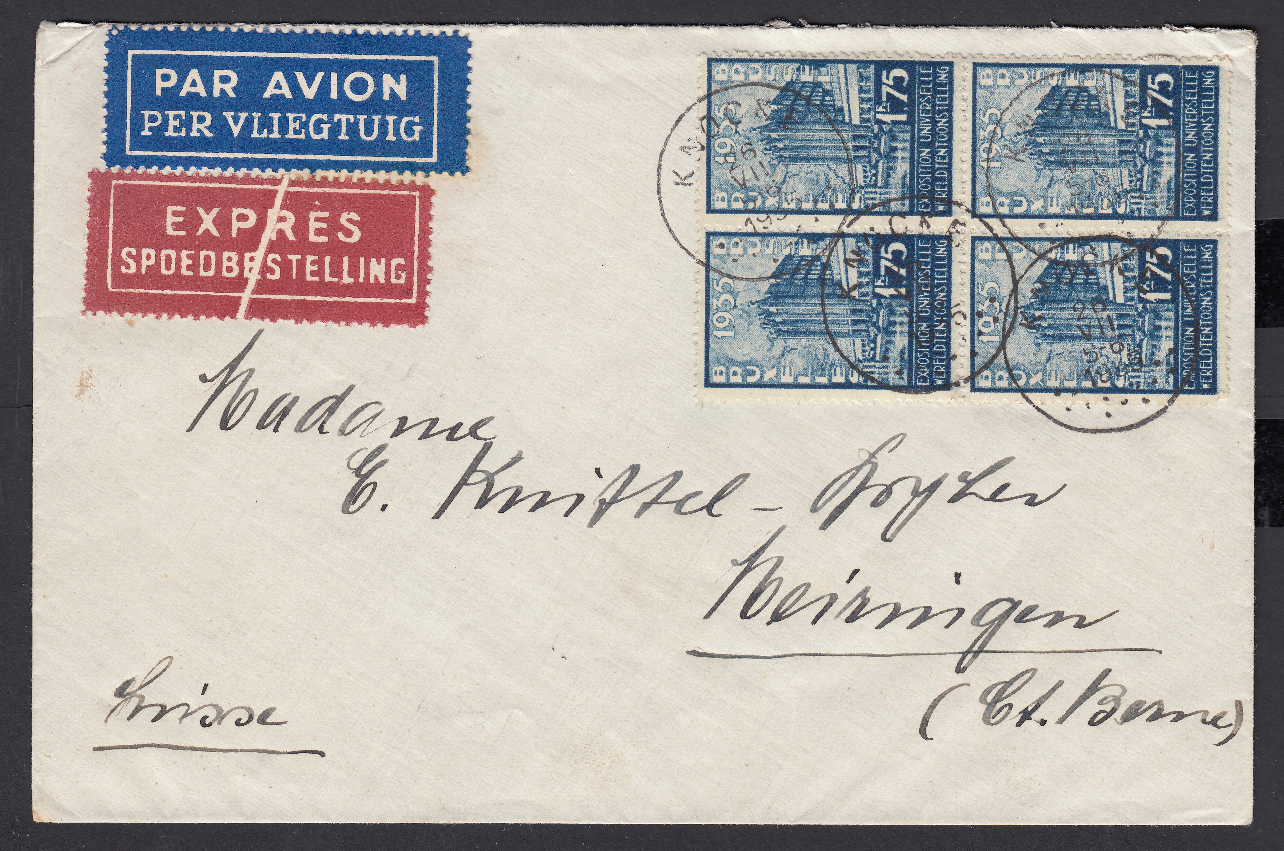 389 en bloc de 4 sur lettre par avion en exprès de Knokke le 26.VII.1935 vers la Suiise. Càd au verso.