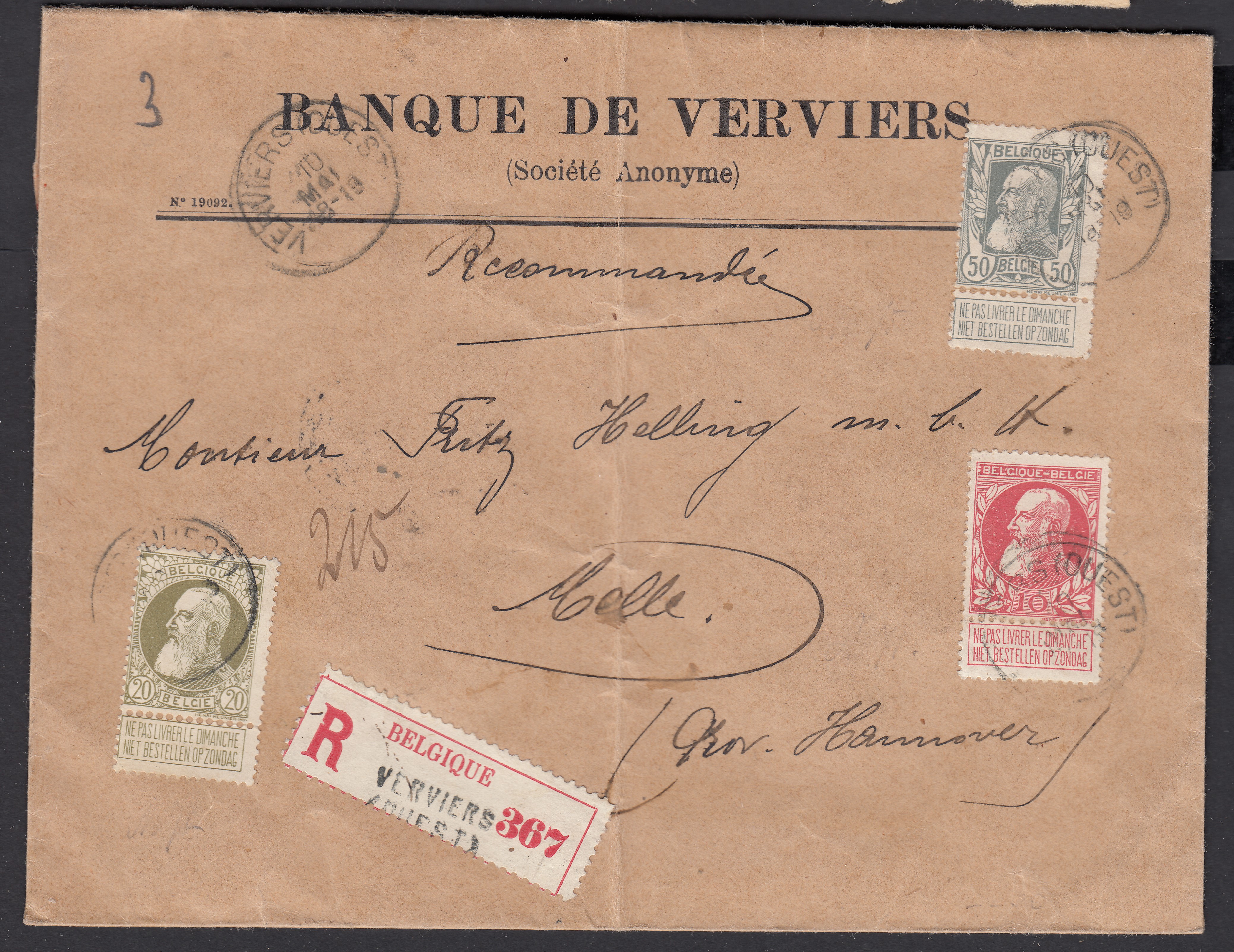 74 +75 +78 sur lettre en recommandé de Verviers (Ouest) vers Melle ( Prov.Hannover).