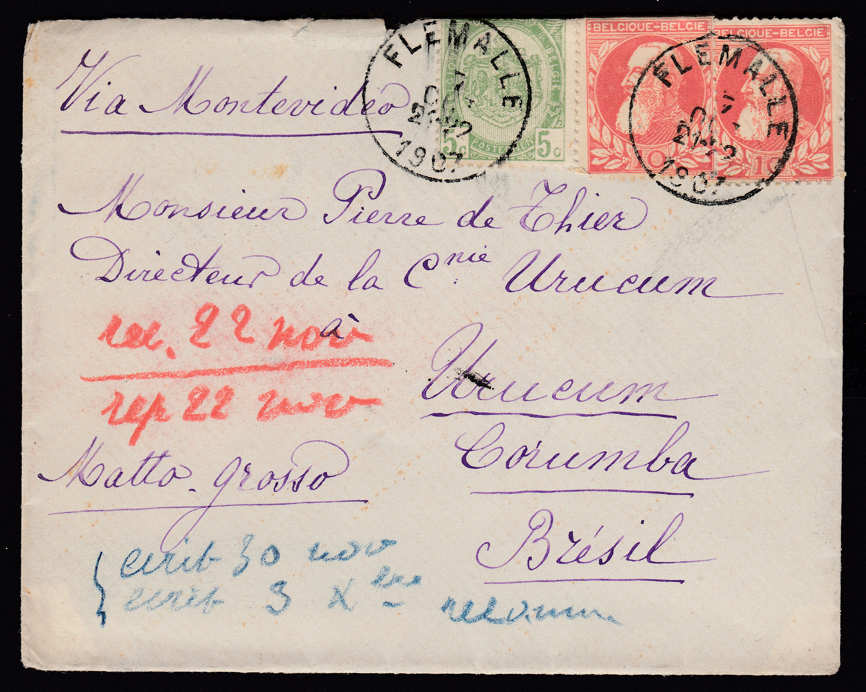 56 +74x2 sur lettre de Flémalle le 7 oct 1907 vers Corumba au Brésil via Montevidéo en Uruguay. Càd à Montevidéo au verso.