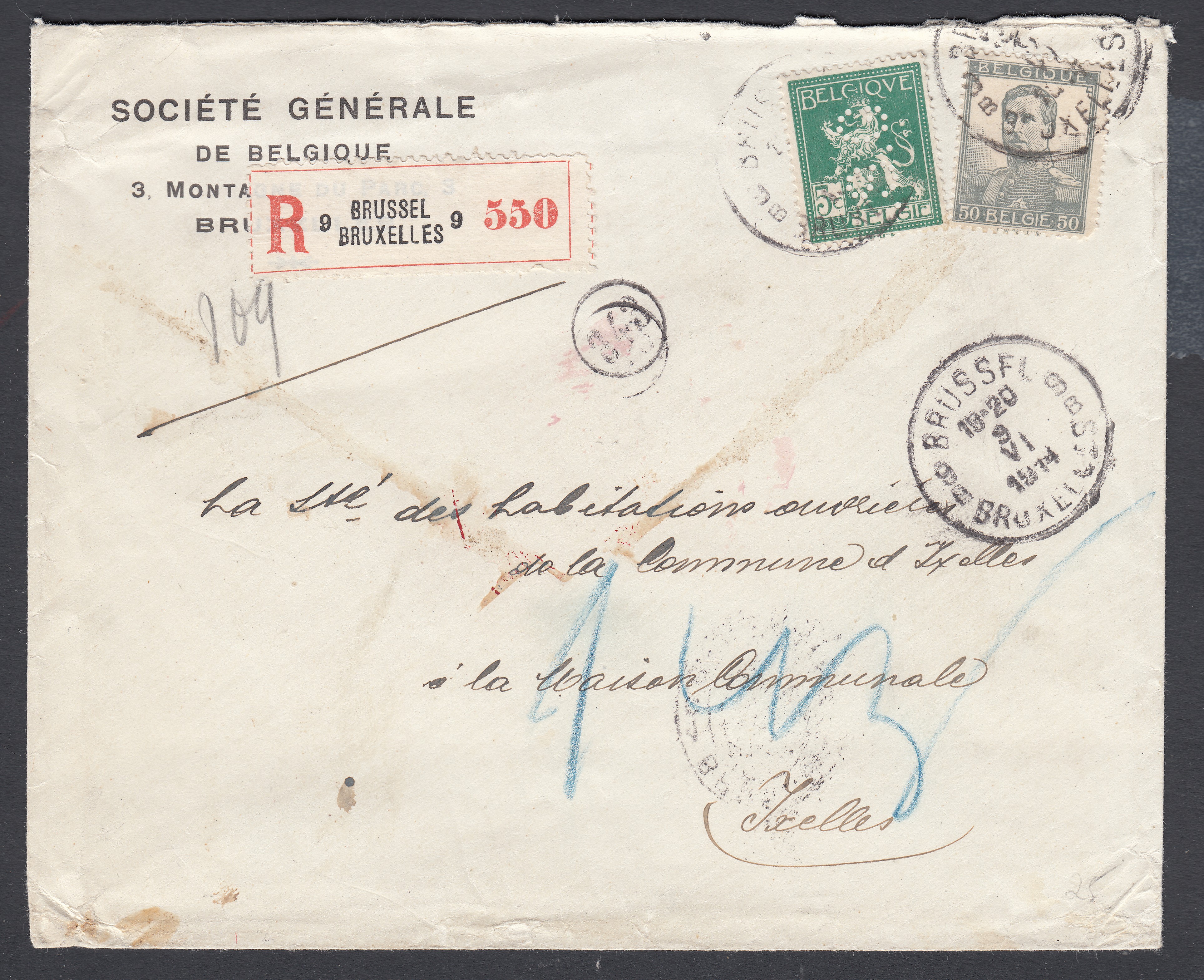 110 +115 perforés sur lettre en recommandé de BXL le 9.VI.1914 à destination d'Ixelles. Cachet ovale d'arrivée à BXL au verso.