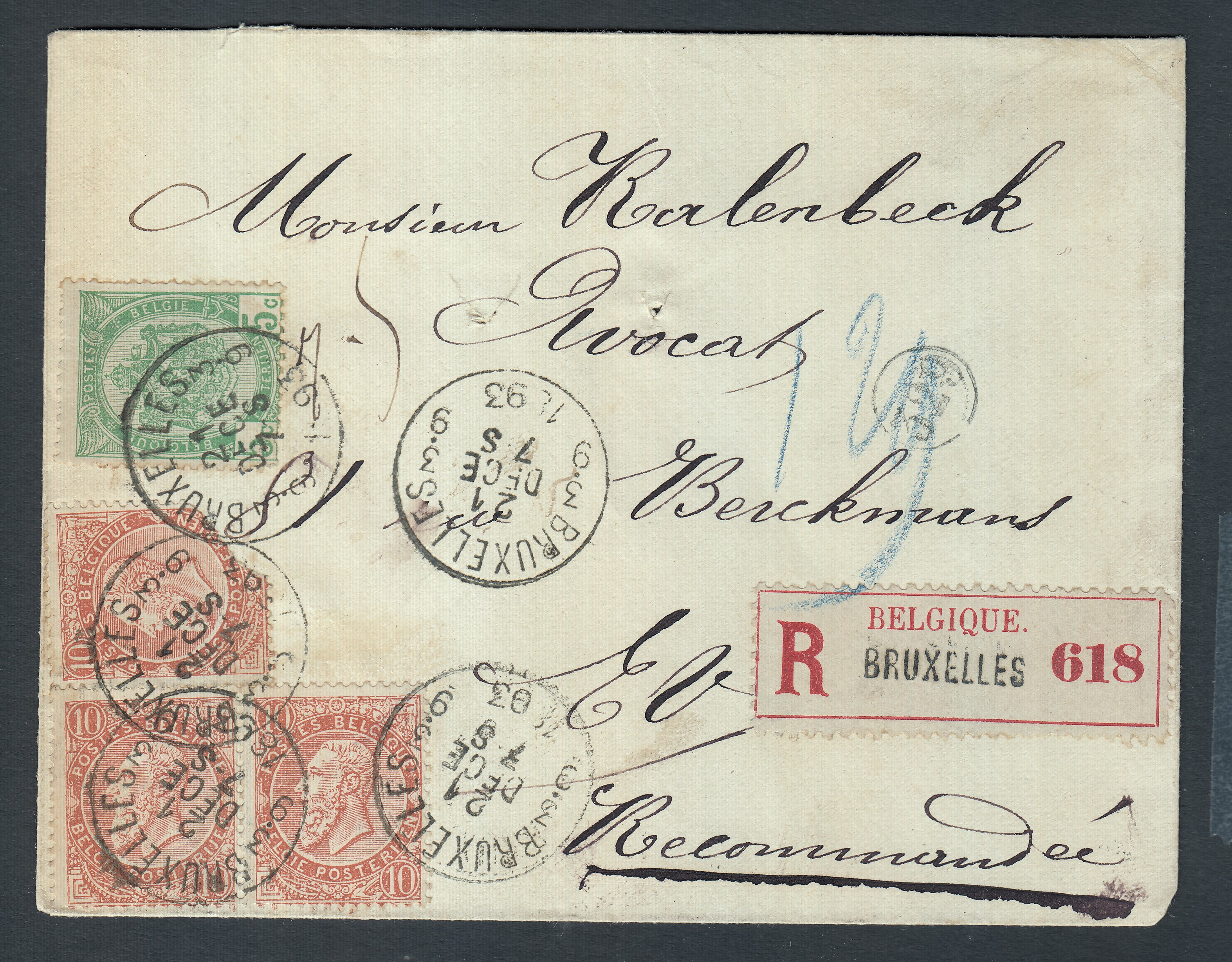 56 +57x3 ( 1 Tp abîmé) sur lettre en recommandé de et vers BXL ( Cachet fractionnaire 3/9) le 21 déc.1893.