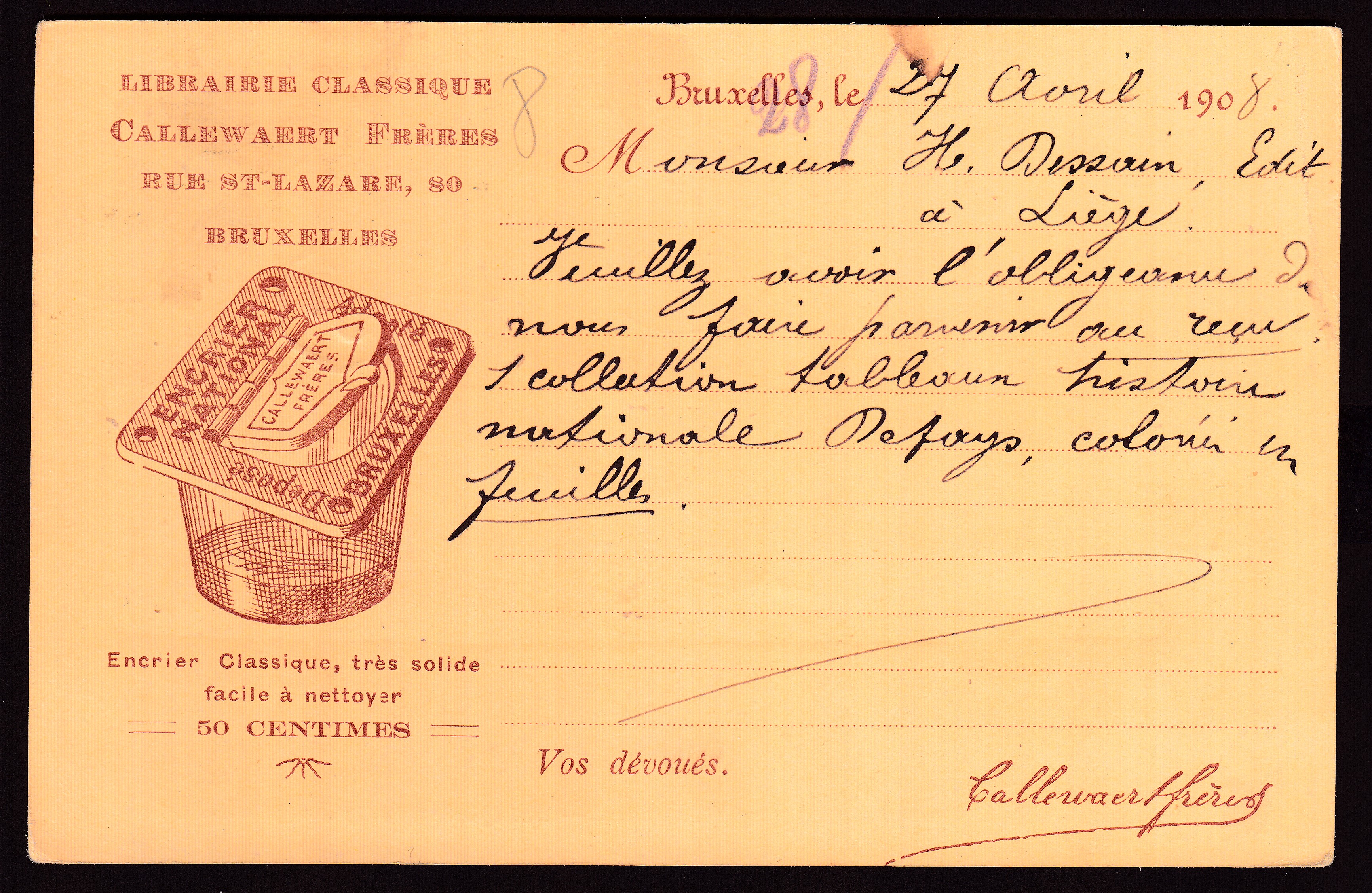 Ep5c type « Fine Barbe -Tp 56 » avec piquage publicitaire illustré au verso, de BXL le 28 avril 1908 vers Liège.