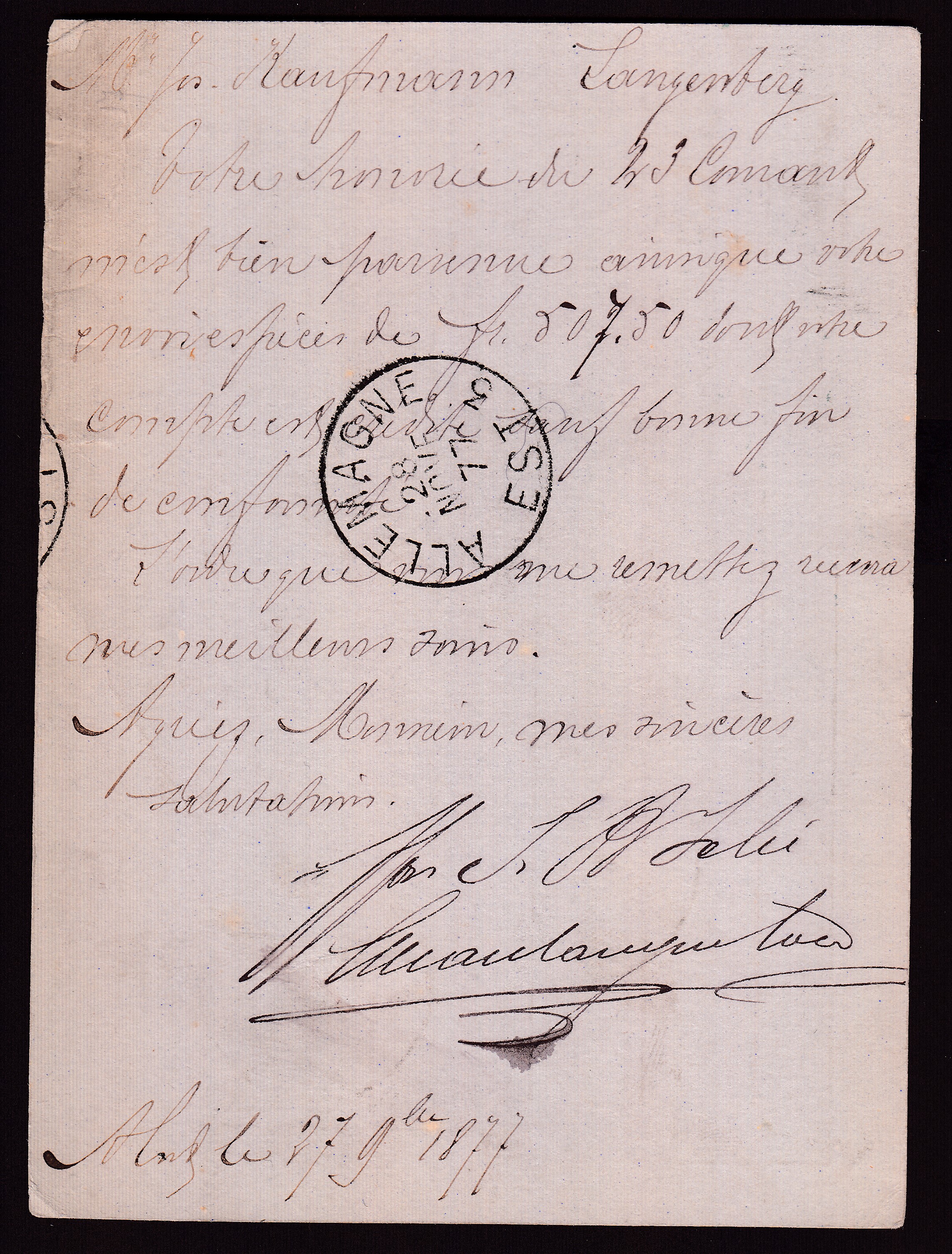 Ep10c type tp 30 d'Alost le 27 nove 1877 vers Langenberg, Allemagne. Cachet « Allemagne /Est3 » au verso.