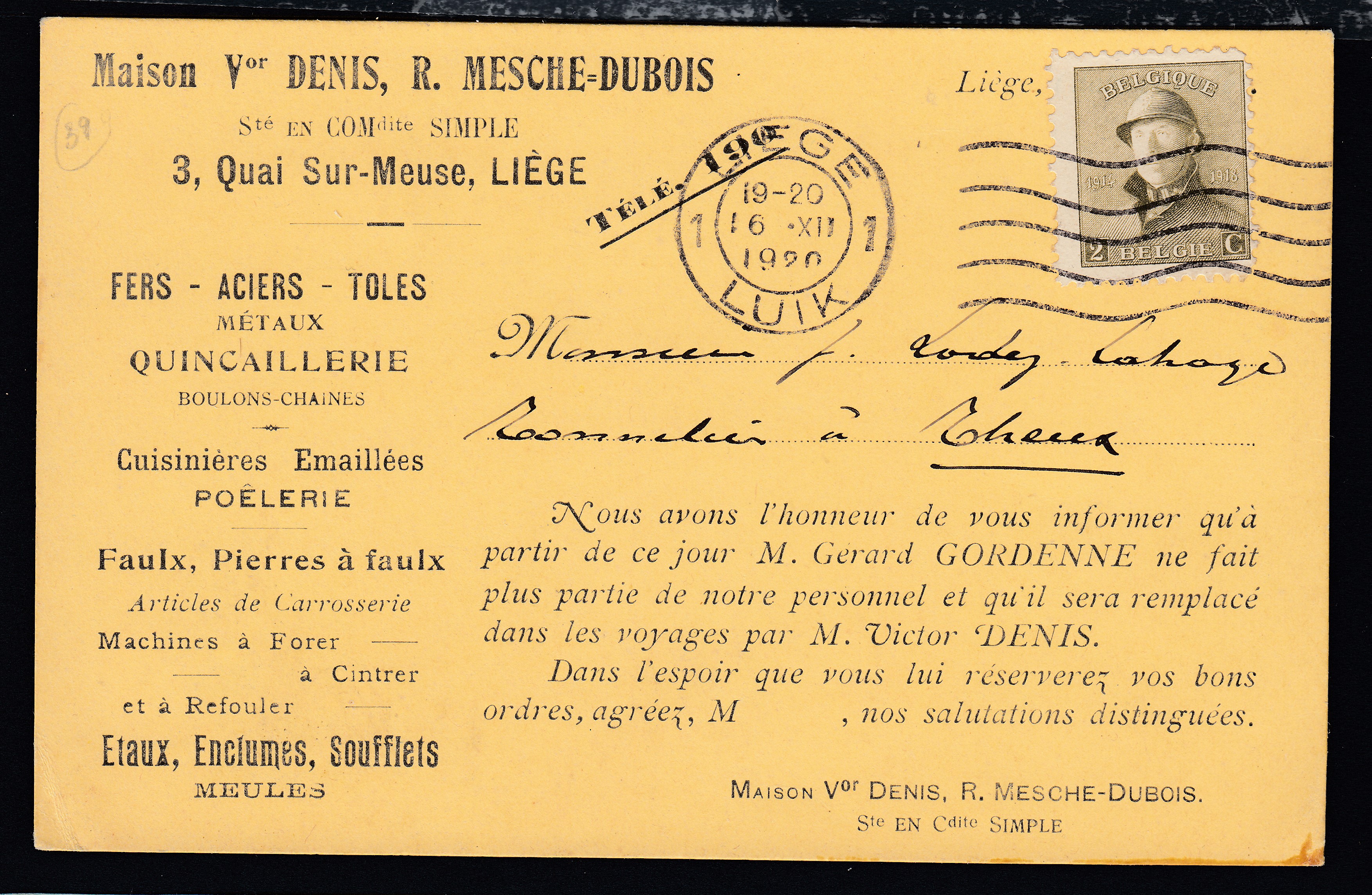166 sur Cp commerciale de Liège le 16.XII.1920 vers Theux.
