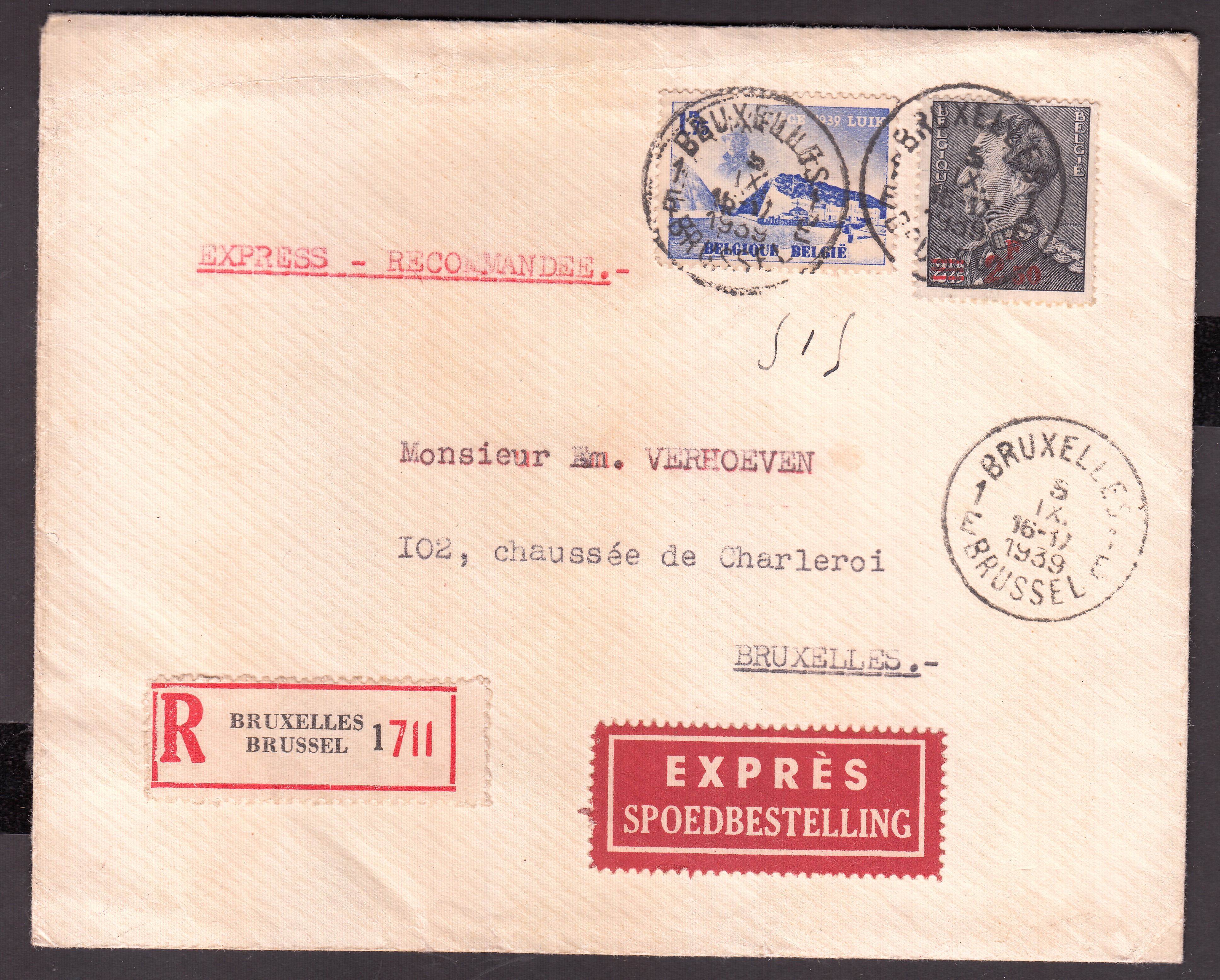 478 +487 sur lettre en exprès recommandé de et vers BXL le 5.IX.1939.