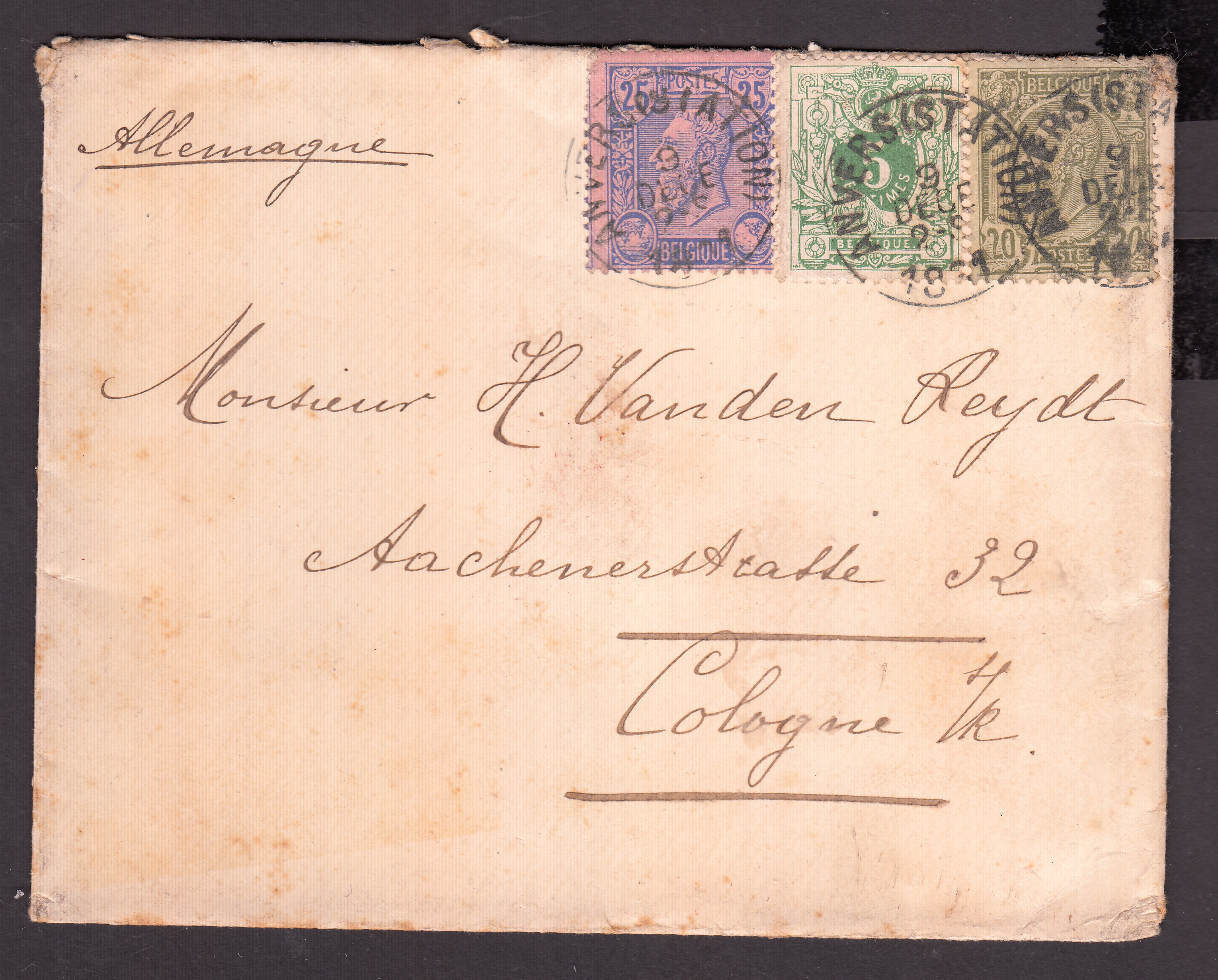 45 +47 +48 sur lettre d'Anvers (Station) le 9 dece 1891 vers Cologne. Càd au verso.