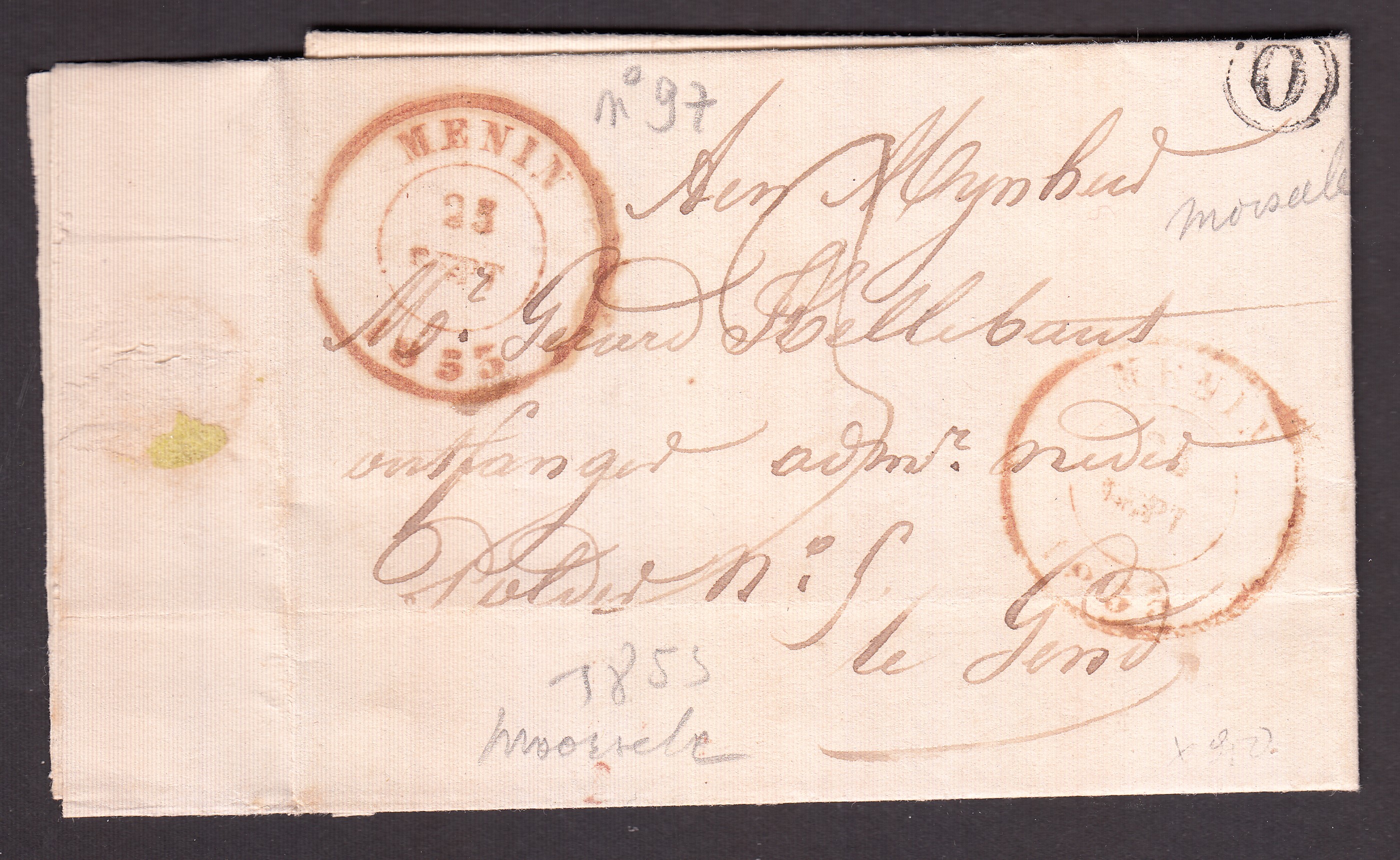 LAC datée de Moorseele & de la boîte rurale « O » via Menin le 25 sept 1855 vers Gand. Càd au verso.