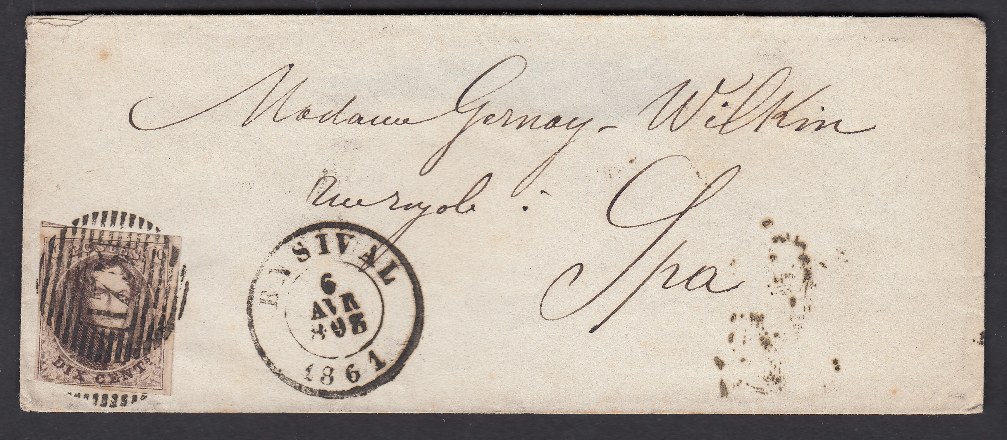 10A au filet sur LSC ( Env.) dEnsival ( P175) le 6 avril 1861 vers Spa. Càd au verso.