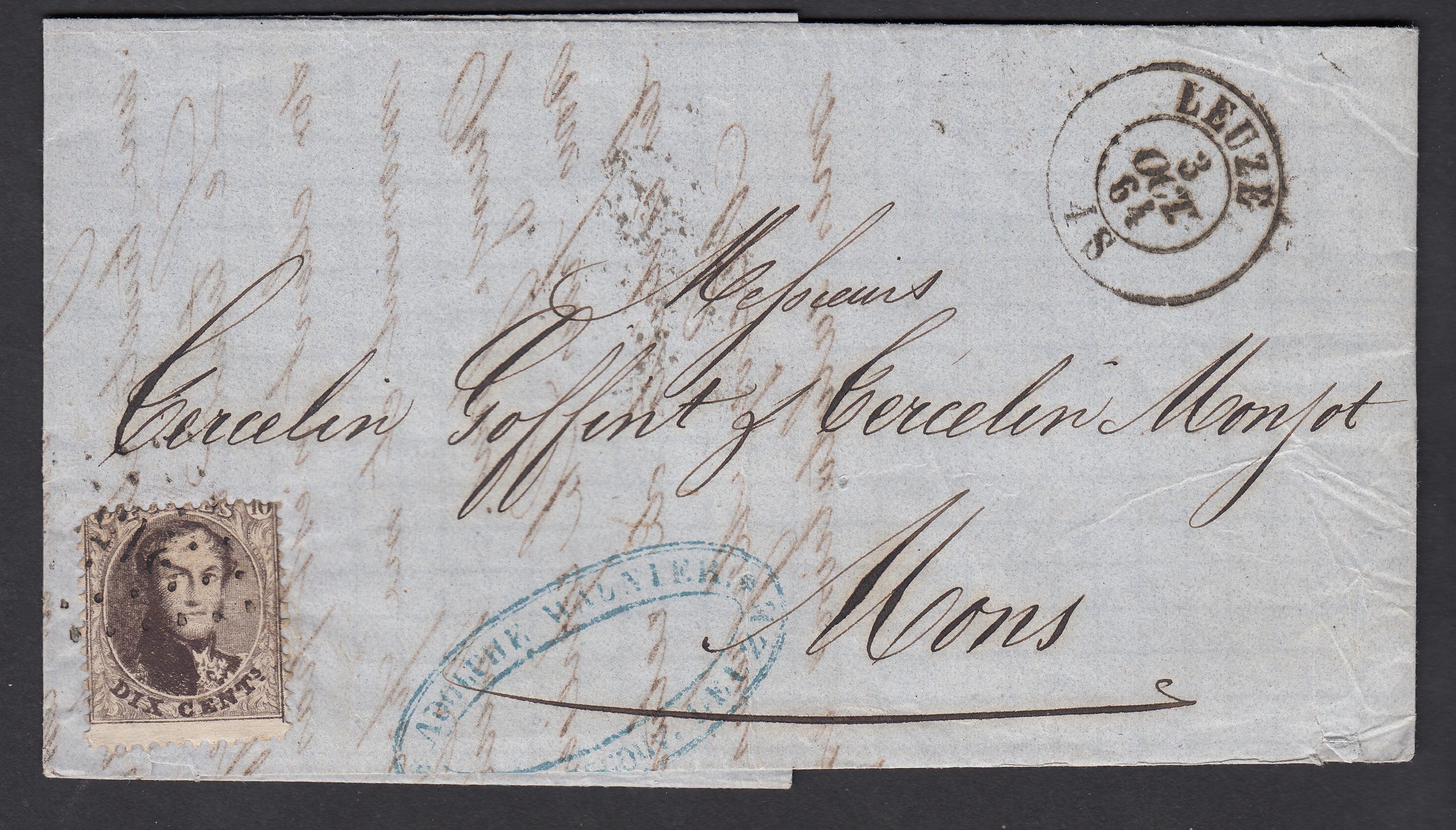 10c « médaillon dentelé » sur LAC de Leuze ( Lp215) le 3 oct.1864 vers Mons. Càd au verso.