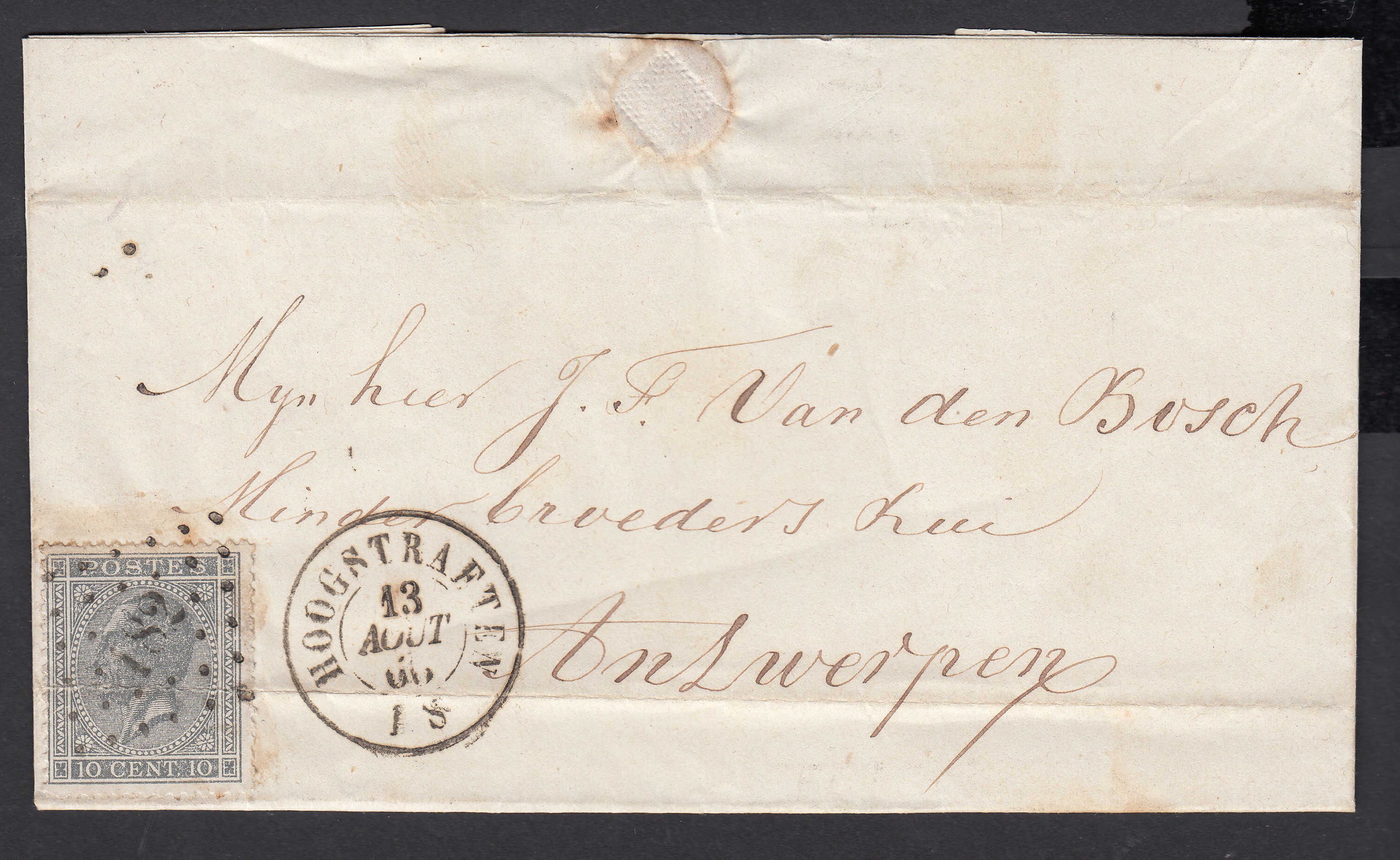 17 sur LAC de Hoogtraeten ( Lp182 ) le 13 août 1866 à destination d'Antwerpen. Càd au verso.