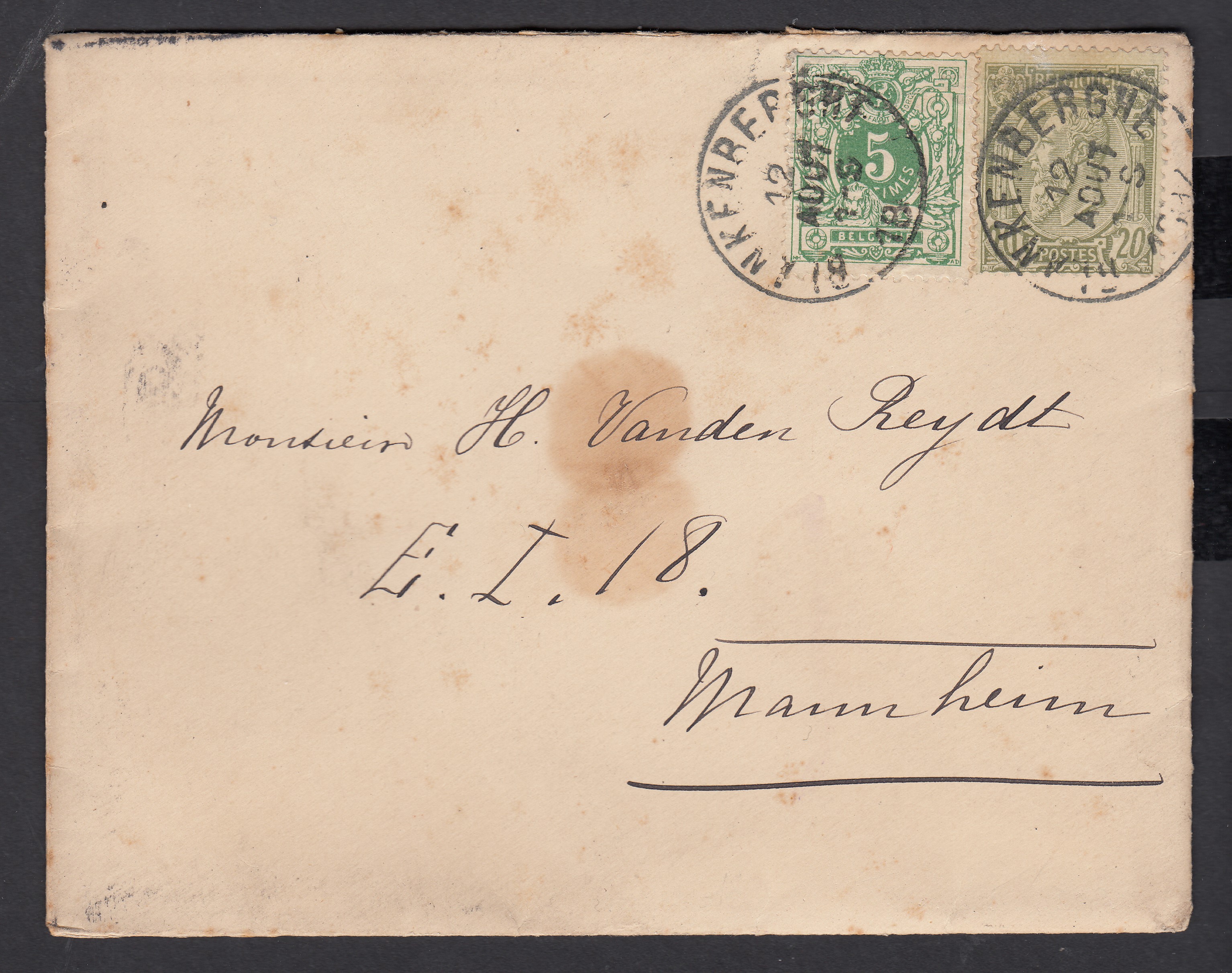 45 +47 sur lettre de Blankenberghe le 12 aiût 1897 vers Manheim, Allemagne. Càd au verso.